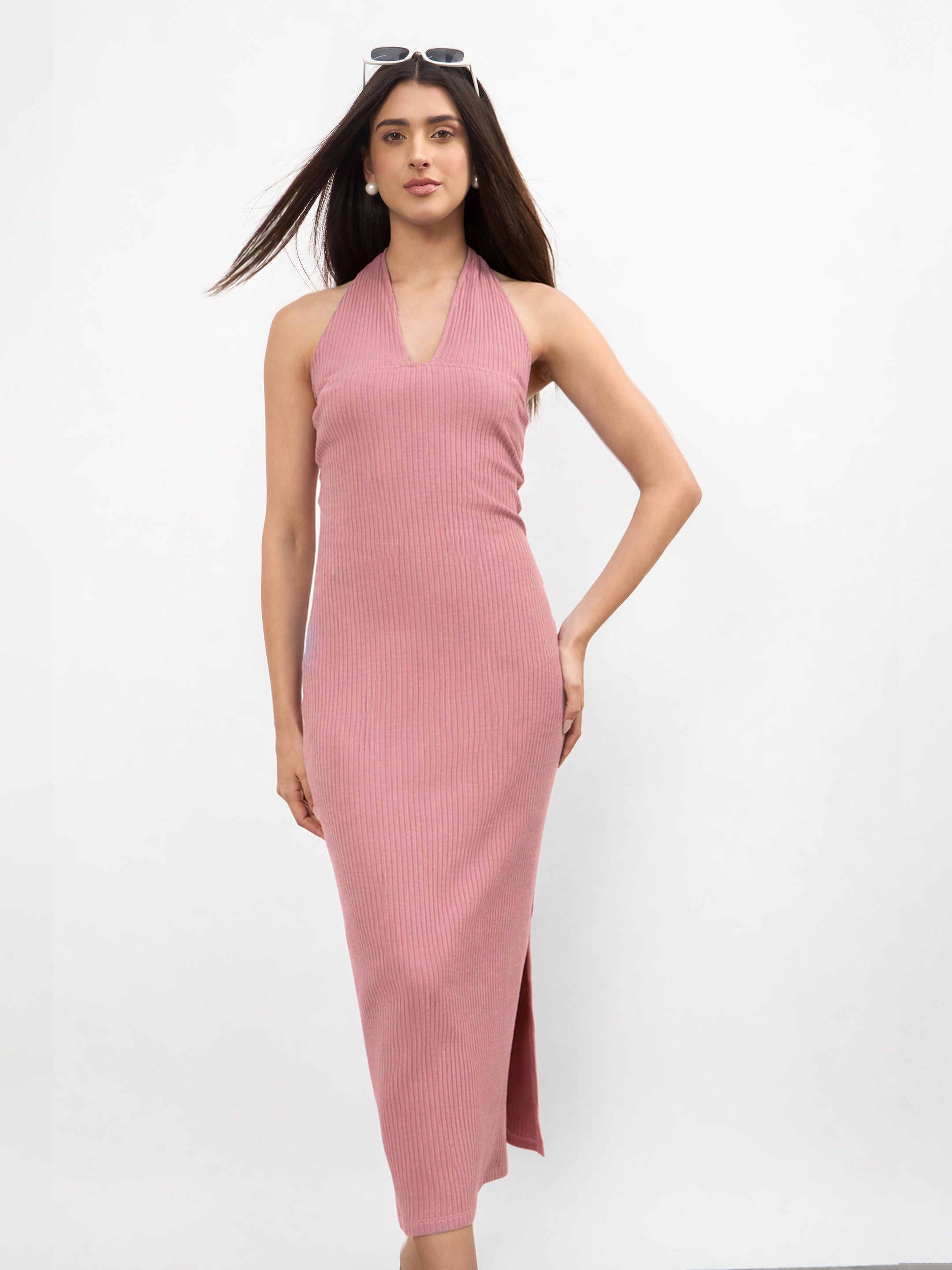 Women Pink Halter Neck Bodycon Midi Dress