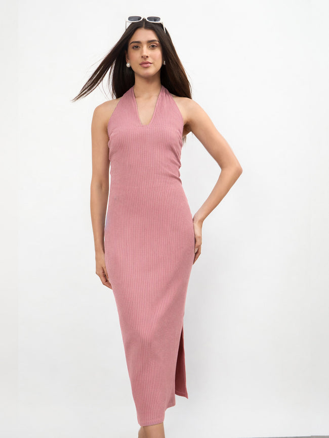 Women Pink Halter Neck Bodycon Midi Dress