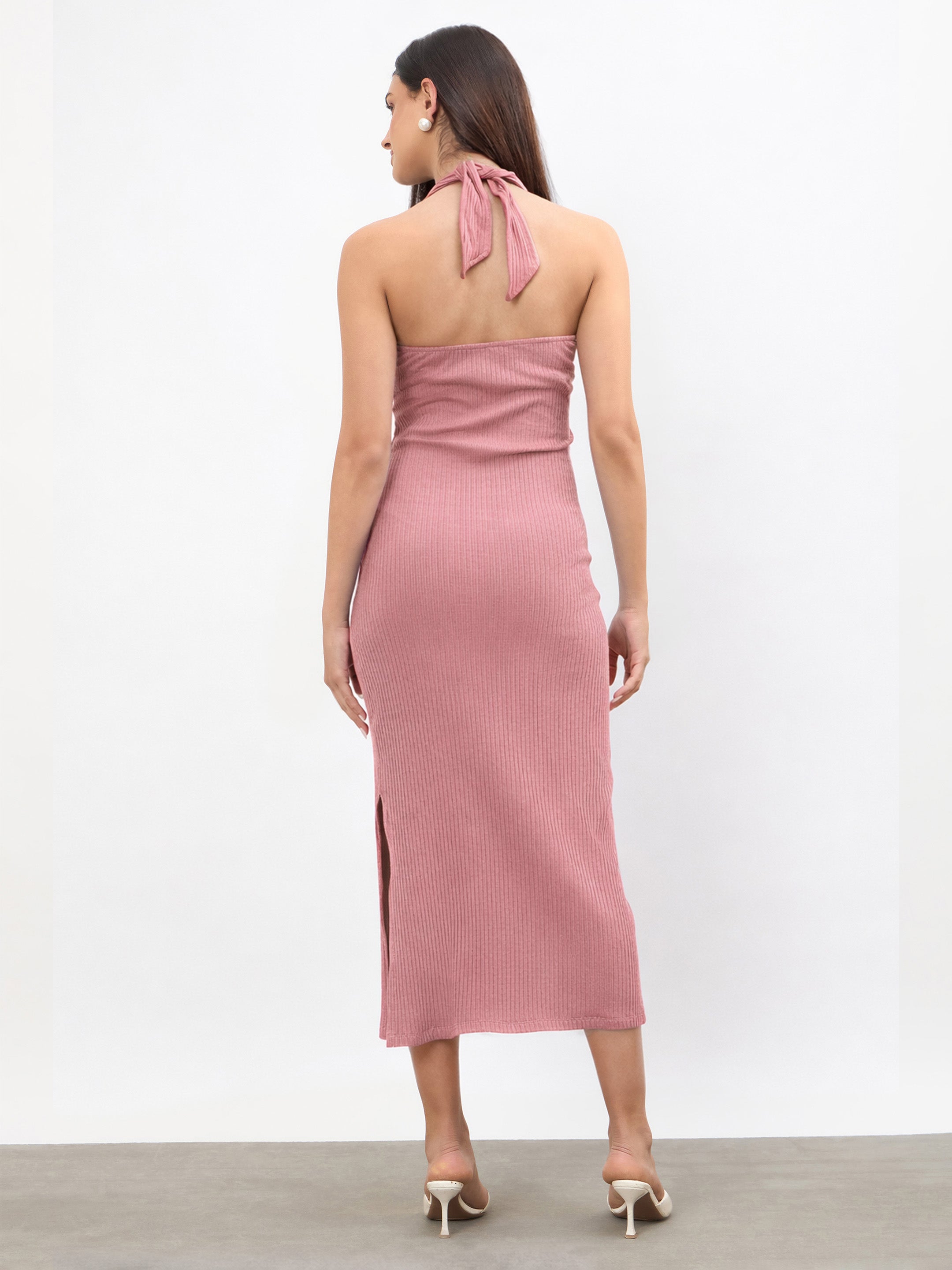 Women Pink Halter Neck Bodycon Midi Dress