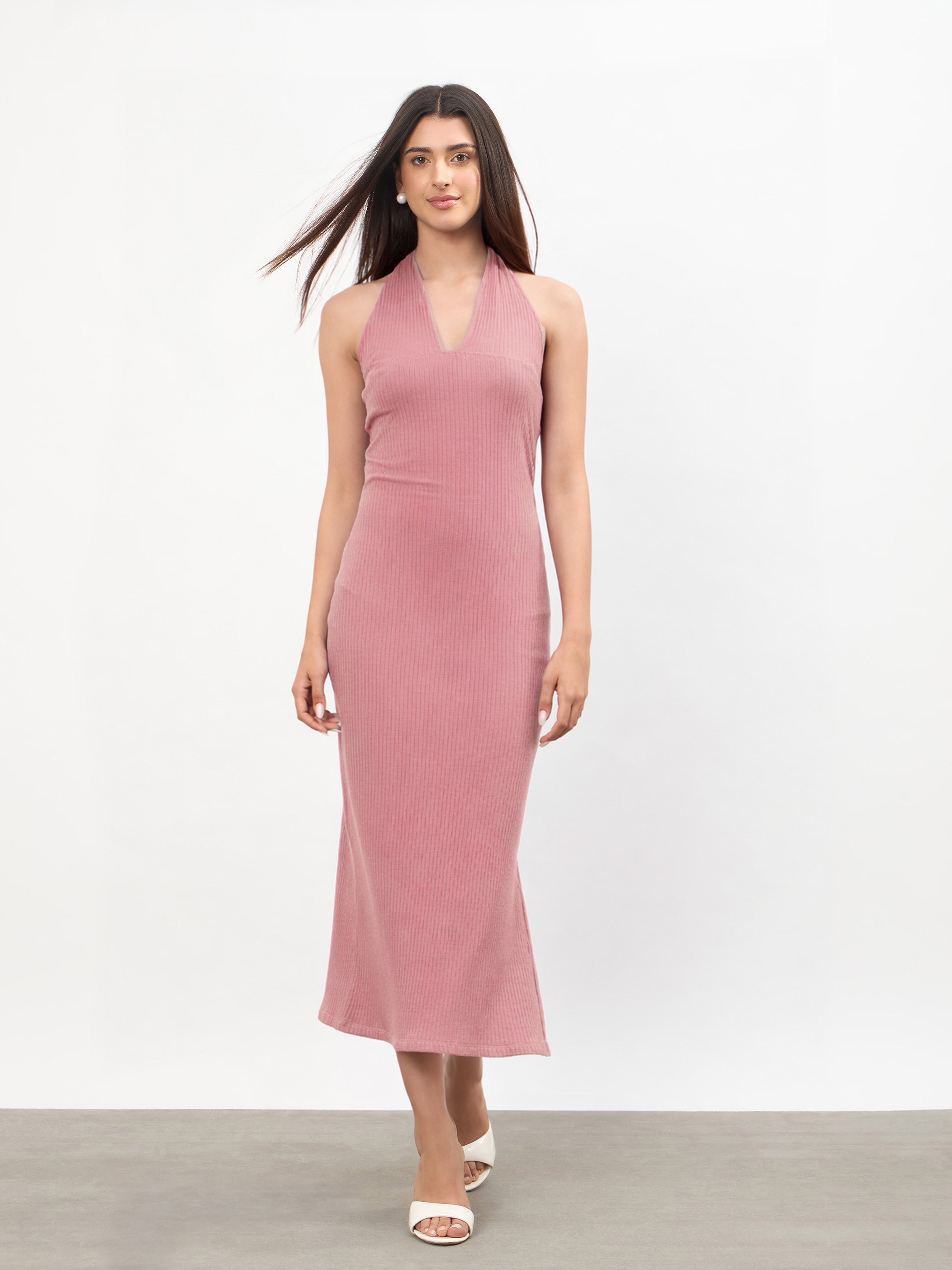 Women Pink Halter Neck Bodycon Midi Dress