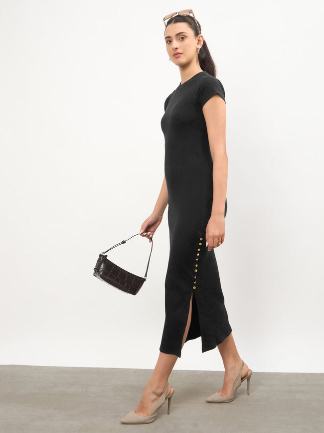 Women Black Rib Short Sleeves Bodycon Midi Dress