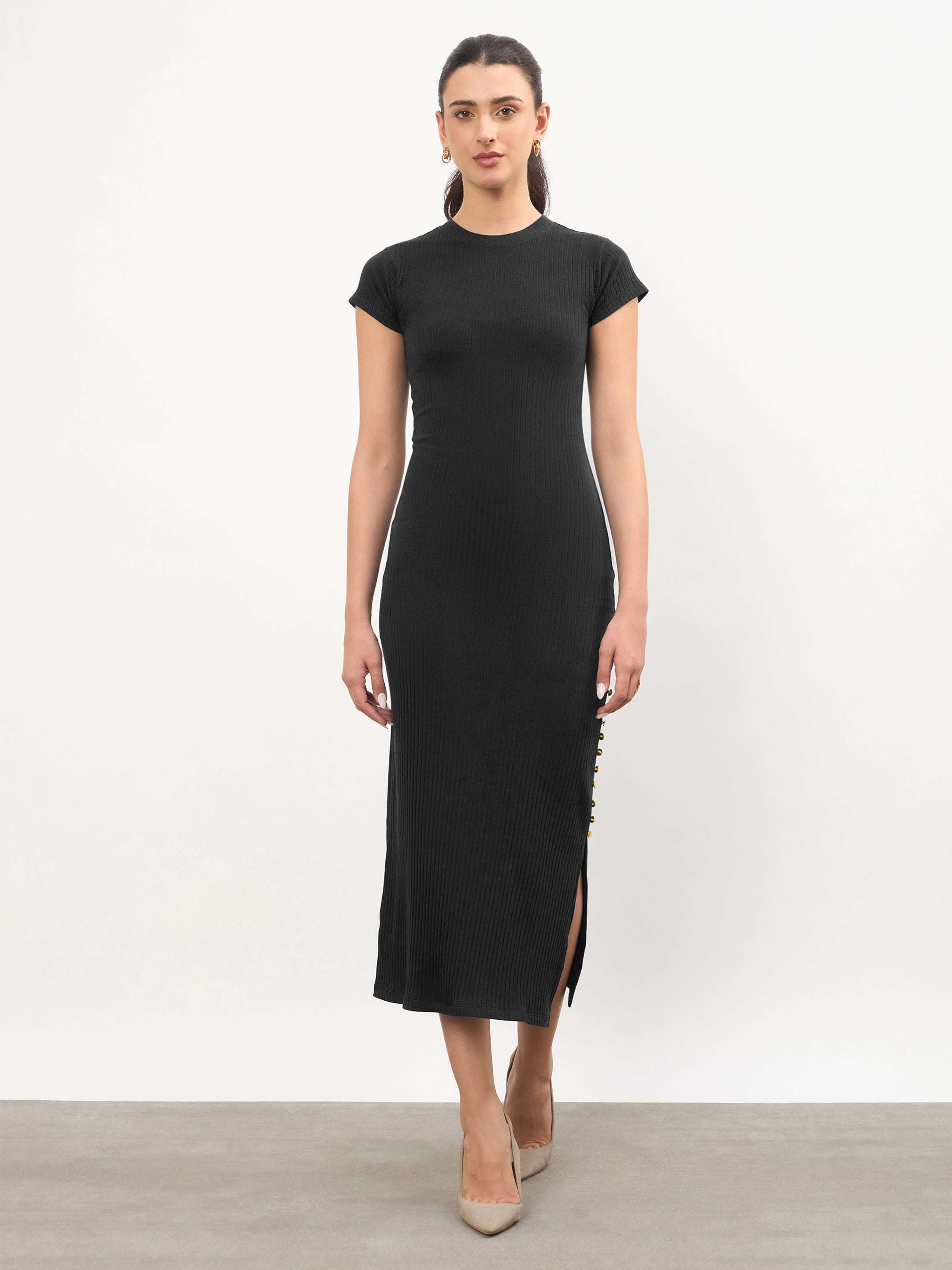 Women Black Rib Short Sleeves Bodycon Midi Dress
