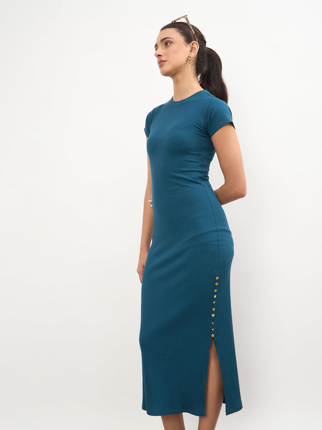 Women Teal Rib Short Sleeves Bodycon Midi Dress