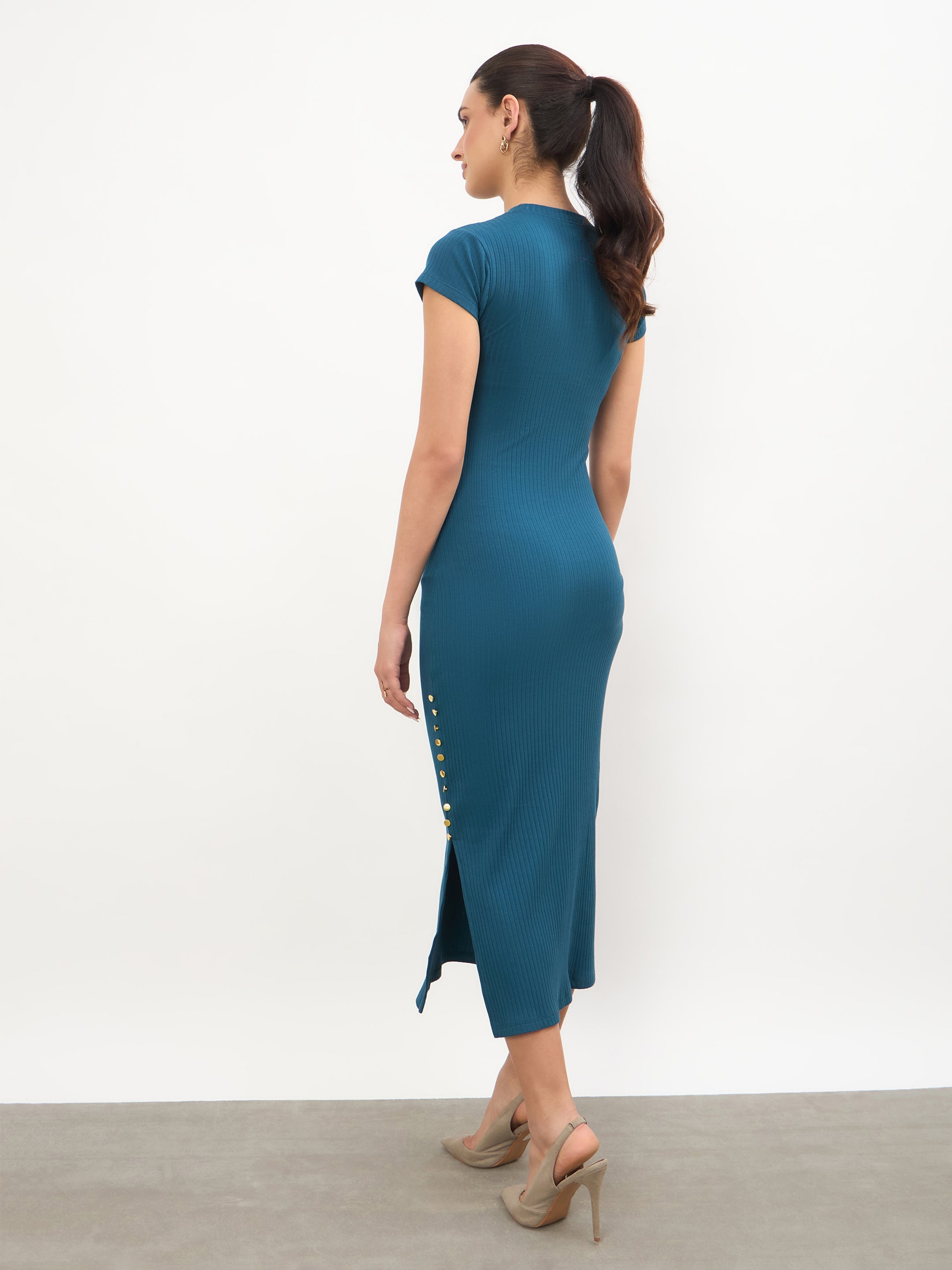Women Teal Rib Short Sleeves Bodycon Midi Dress