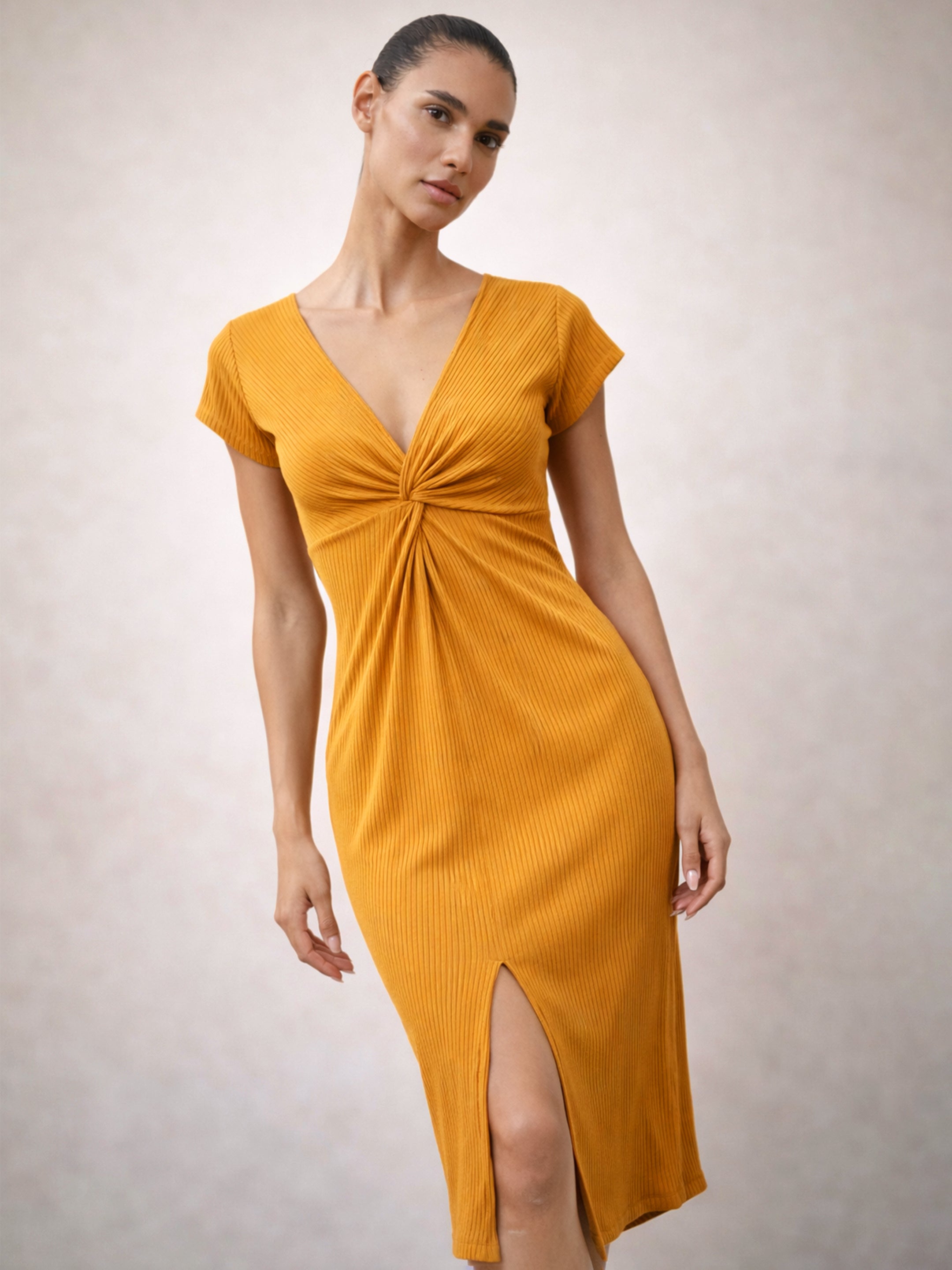 Women Mustard Rib Waist Twisted Bodycon Midi Dress