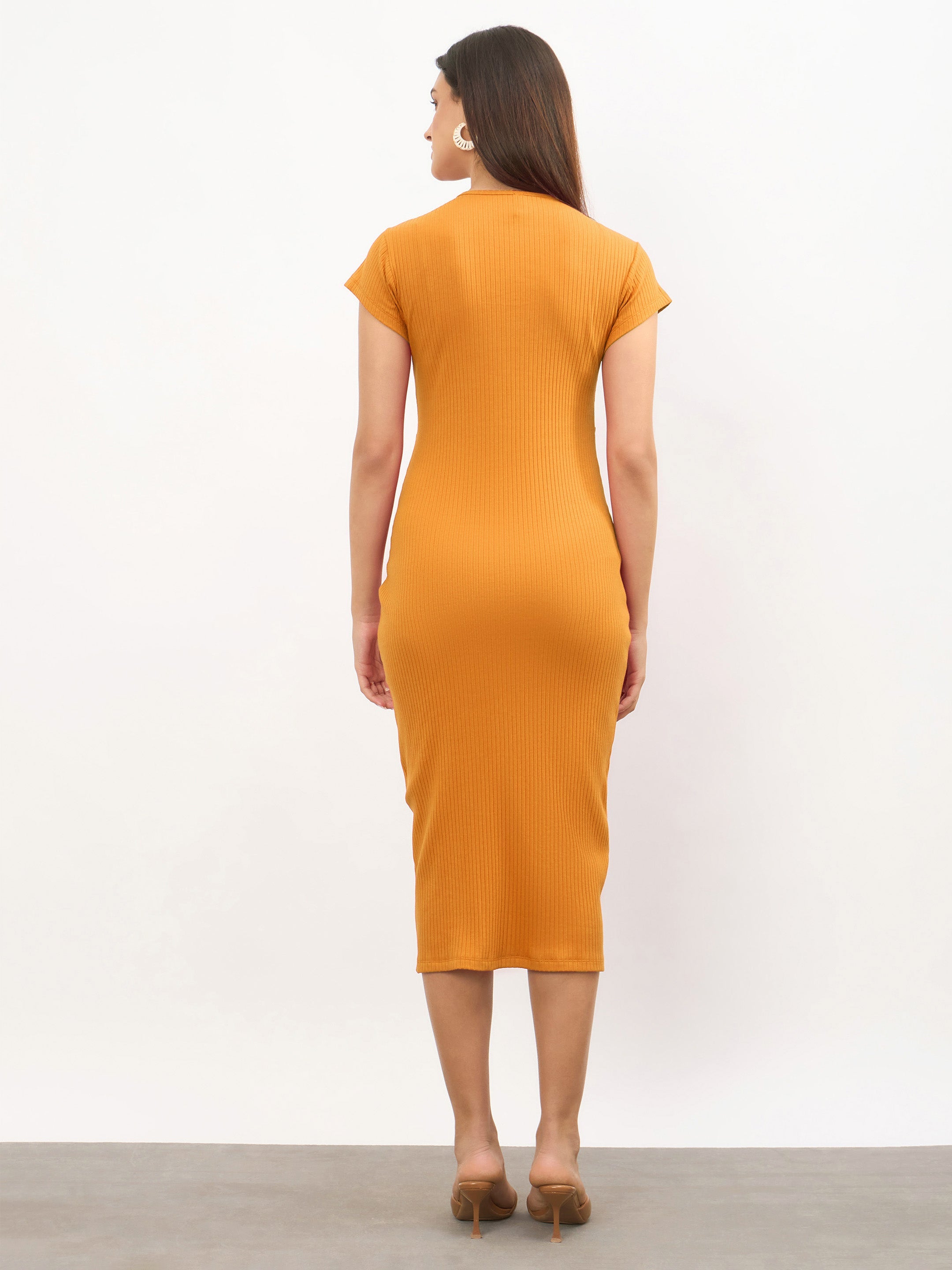 Women Mustard Rib Waist Twisted Bodycon Midi Dress