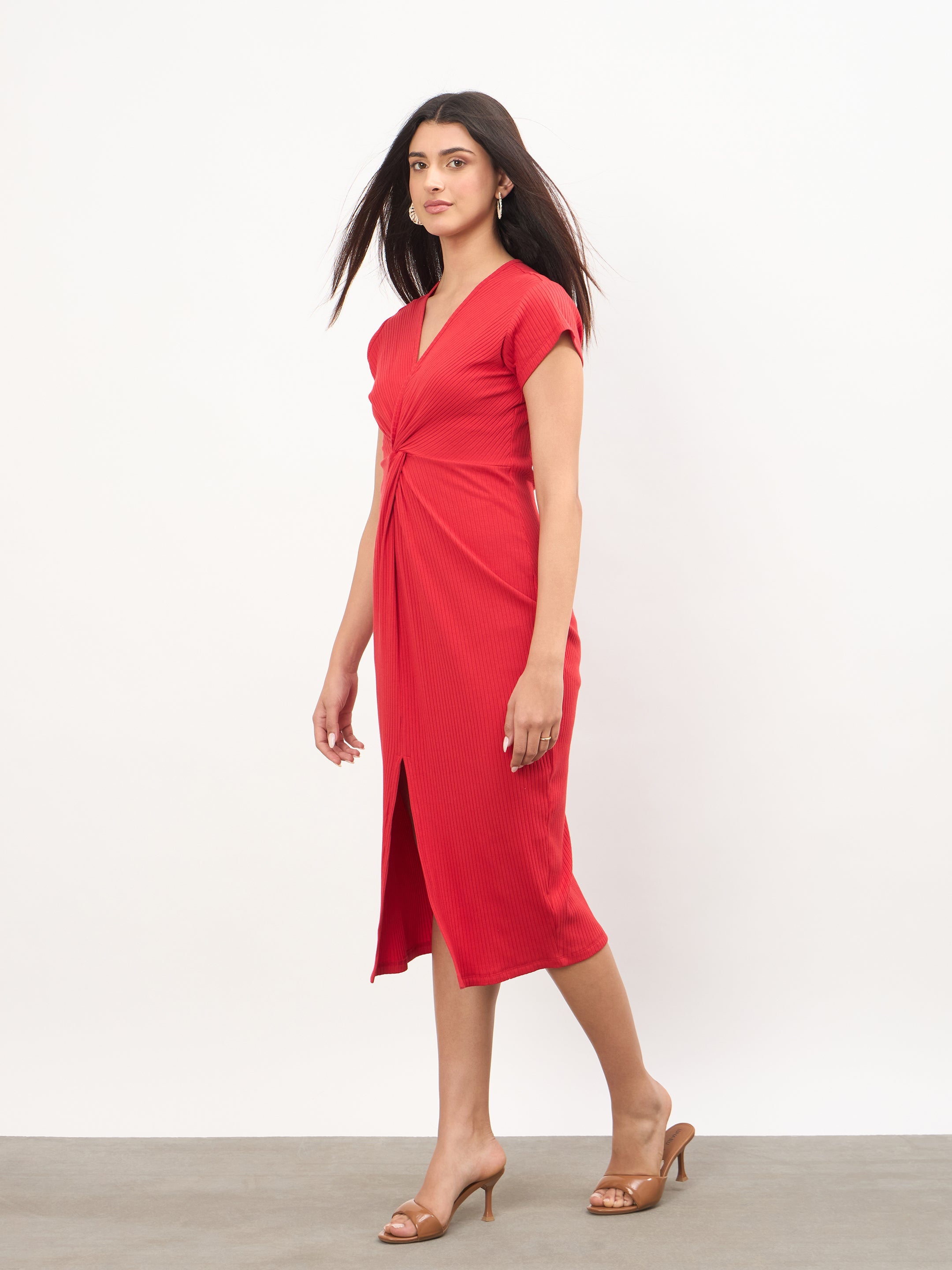 Women Red Rib Waist Twisted Bodycon Midi Dress