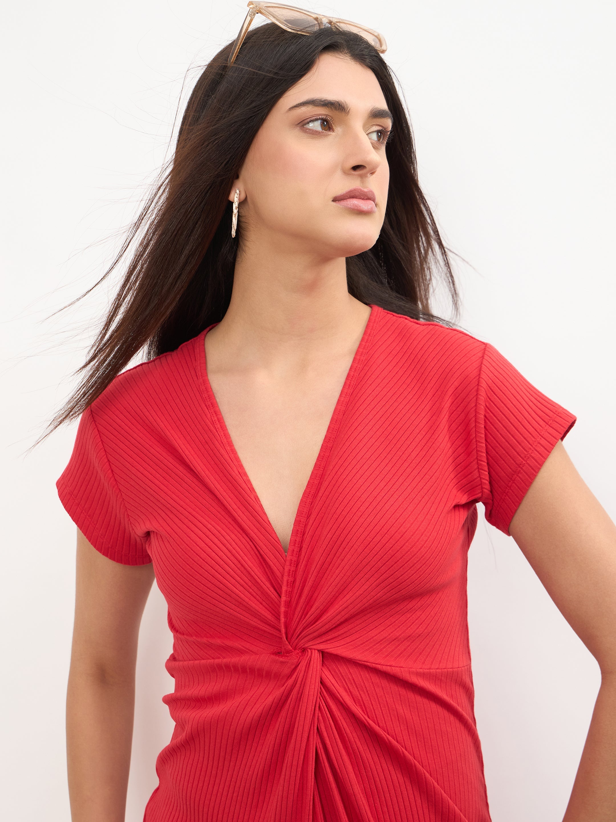 Women Red Rib Waist Twisted Bodycon Midi Dress