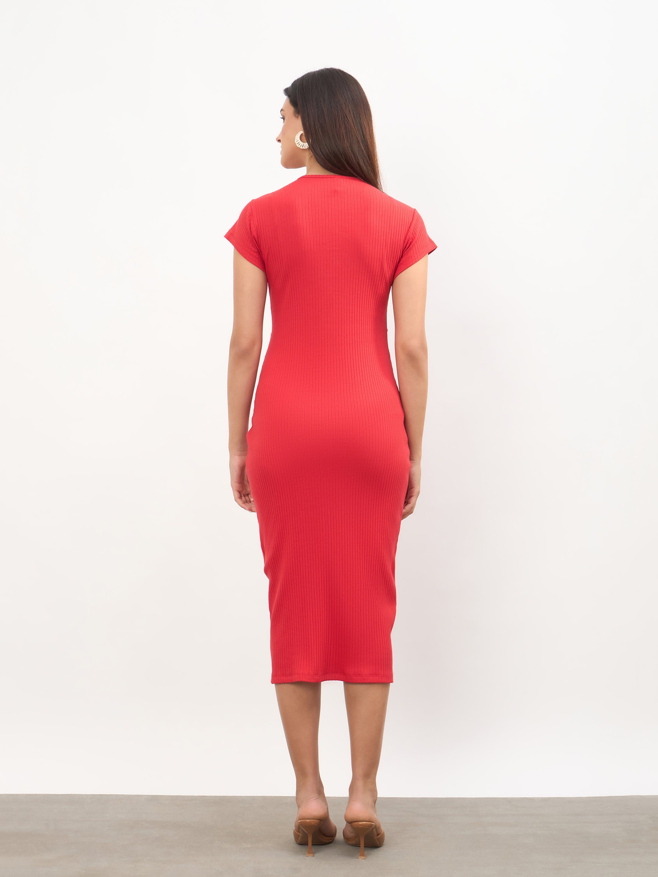 Women Red Rib Waist Twisted Bodycon Midi Dress
