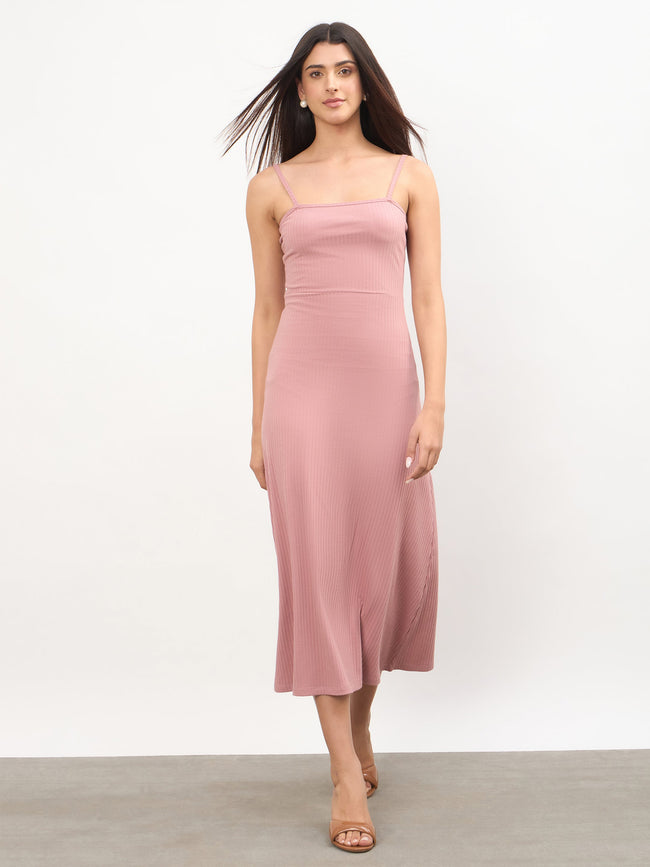 Women Pink Rib A-Line Strappy Midi Dress