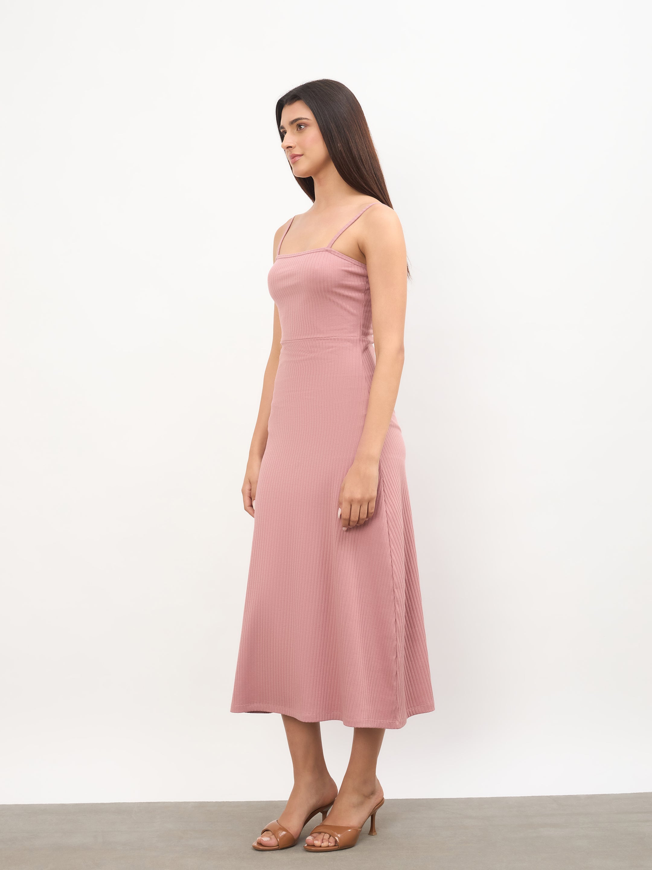 Women Pink Rib A-Line Strappy Midi Dress