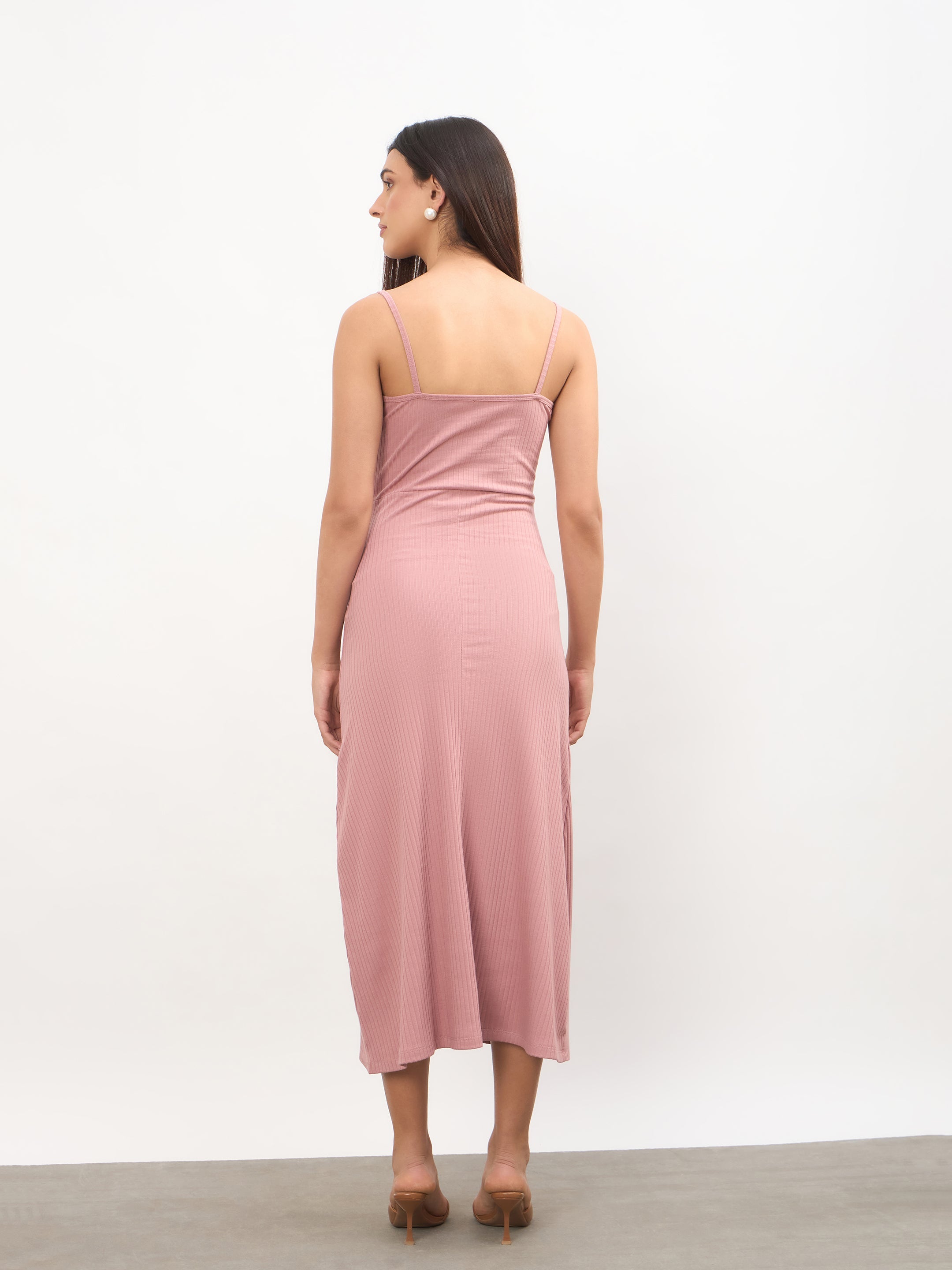 Women Pink Rib A-Line Strappy Midi Dress