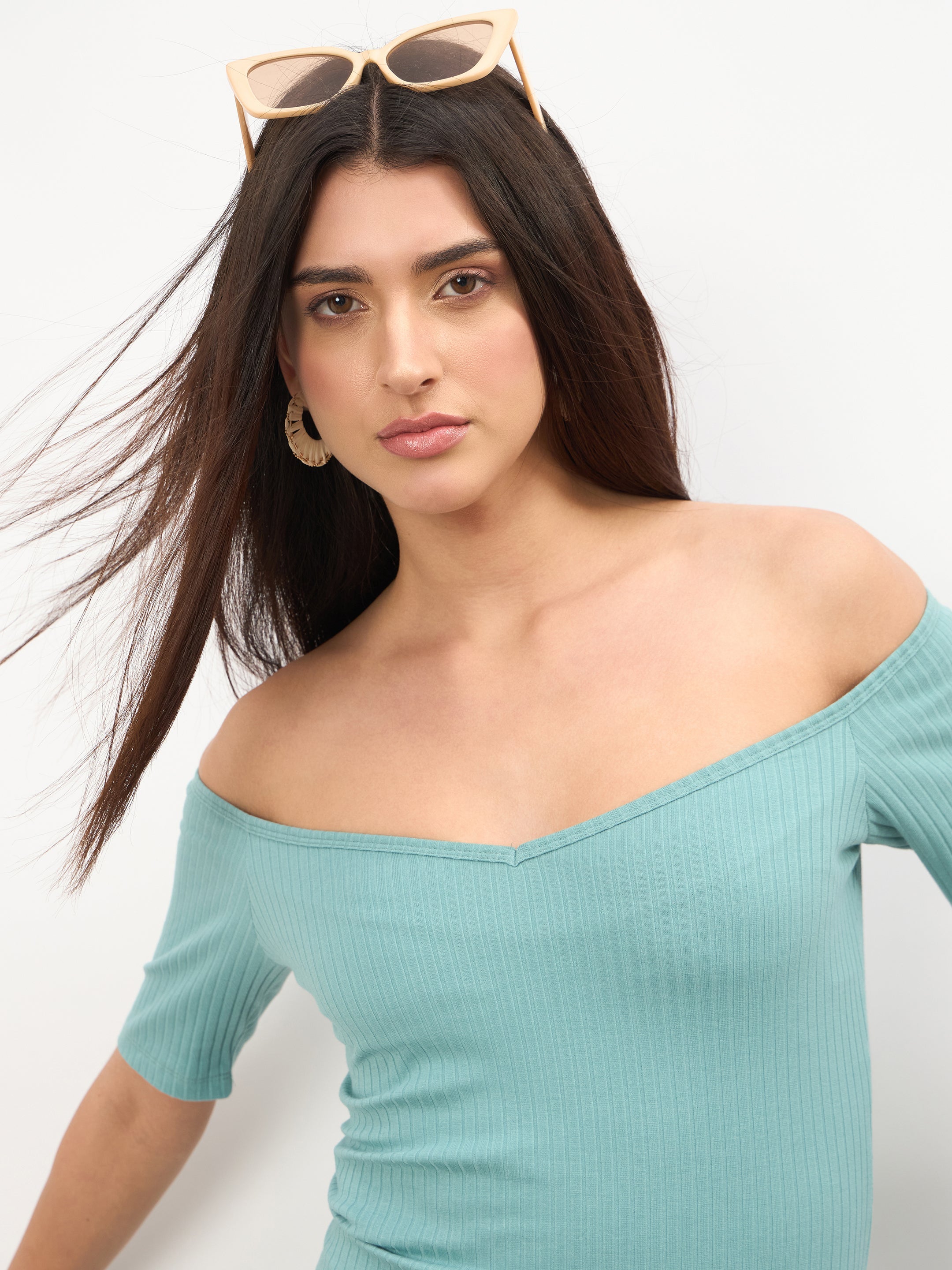 Women Sea Green Rib Off-Shoulder Bodycon Midi Dress