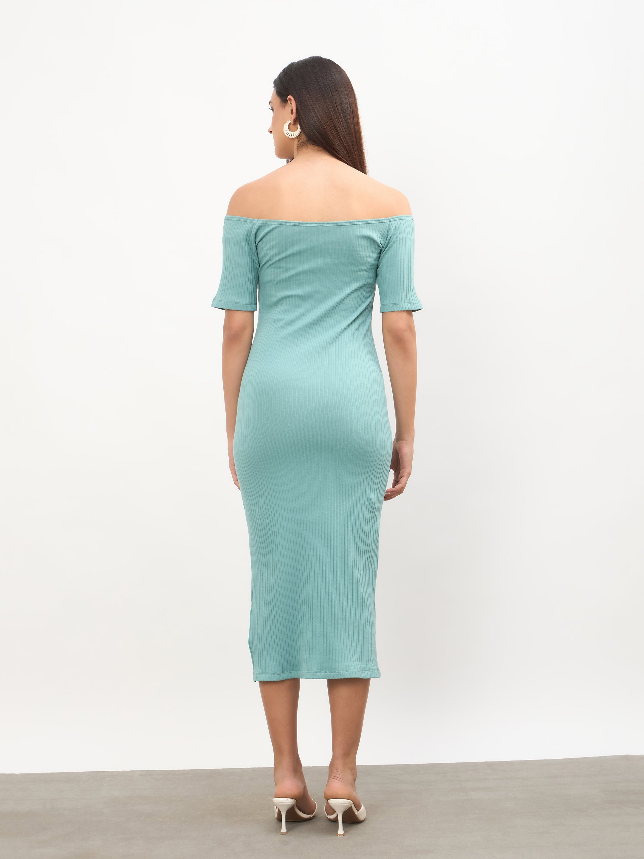 Women Sea Green Rib Off-Shoulder Bodycon Midi Dress