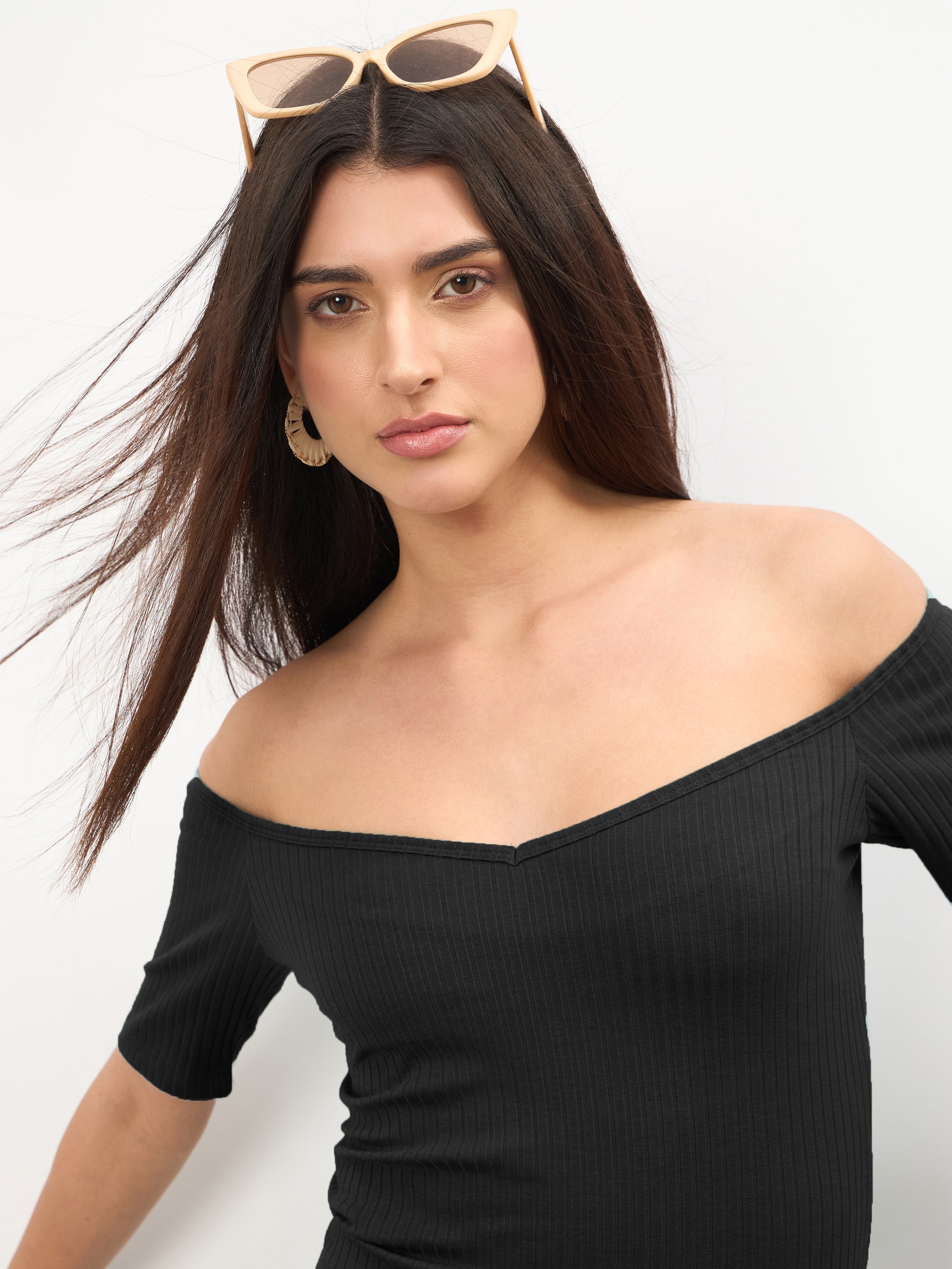 Women Black Rib Off-Shoulder Bodycon Midi Dress