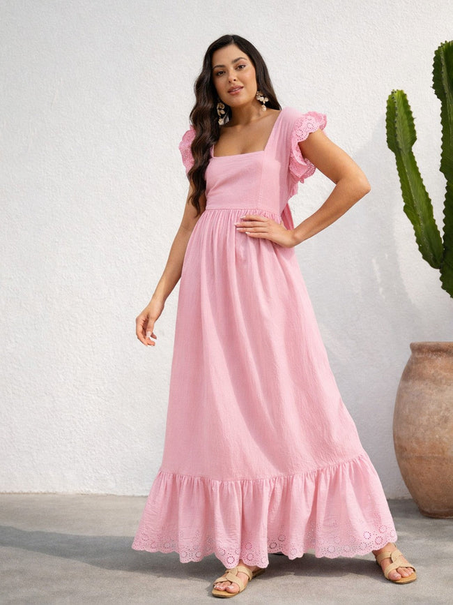 Women Pink Schiffli Square Neck Frill Hem Maxi Dress