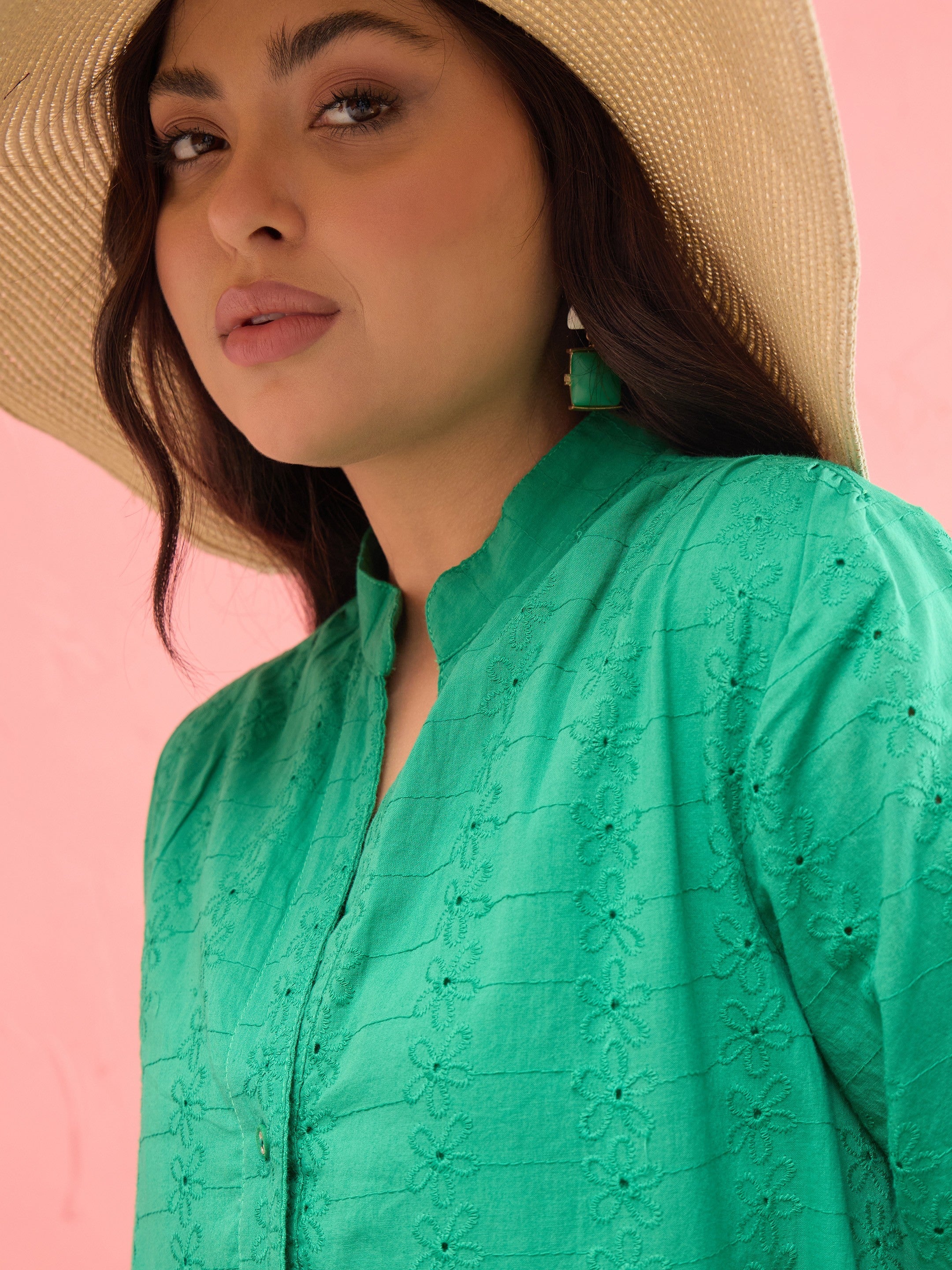 Women Green Schiffli Short Mandarin Collar Dress