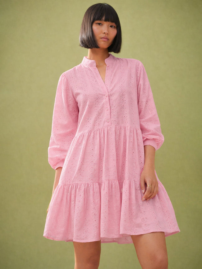 Women Pink Schiffli Short Mandarin Collar Dress
