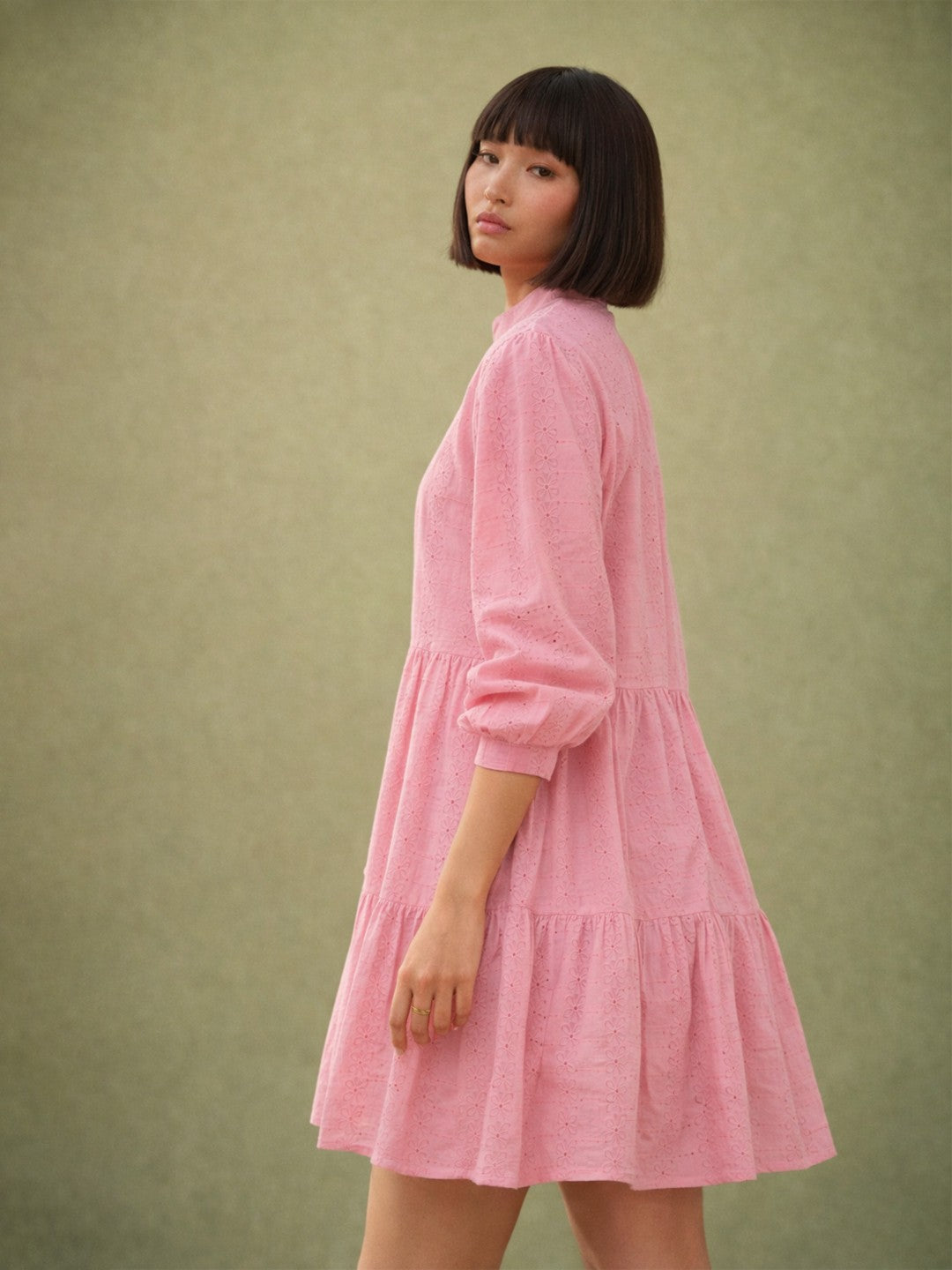 Women Pink Schiffli Short Mandarin Collar Dress