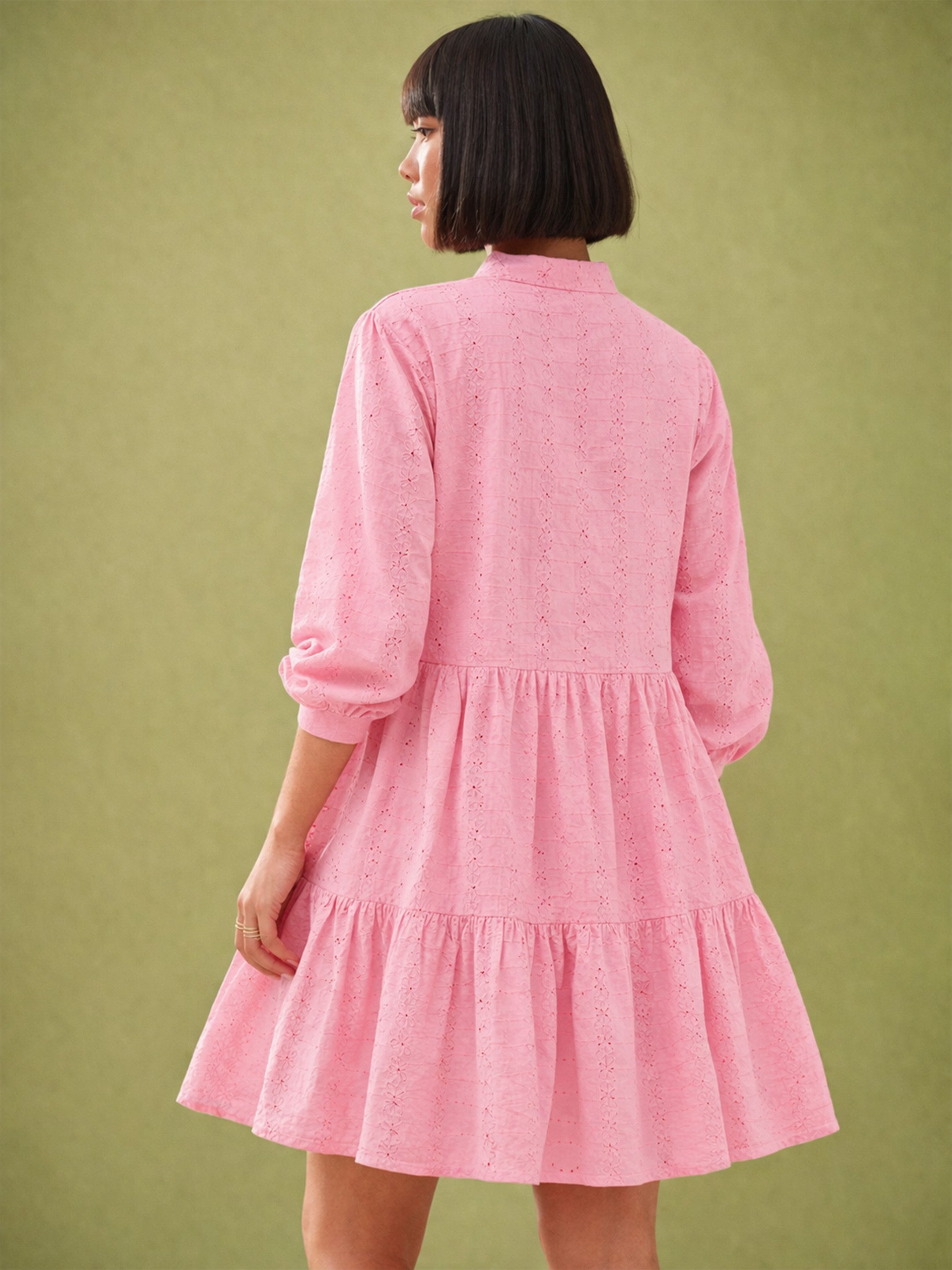 Women Pink Schiffli Short Mandarin Collar Dress