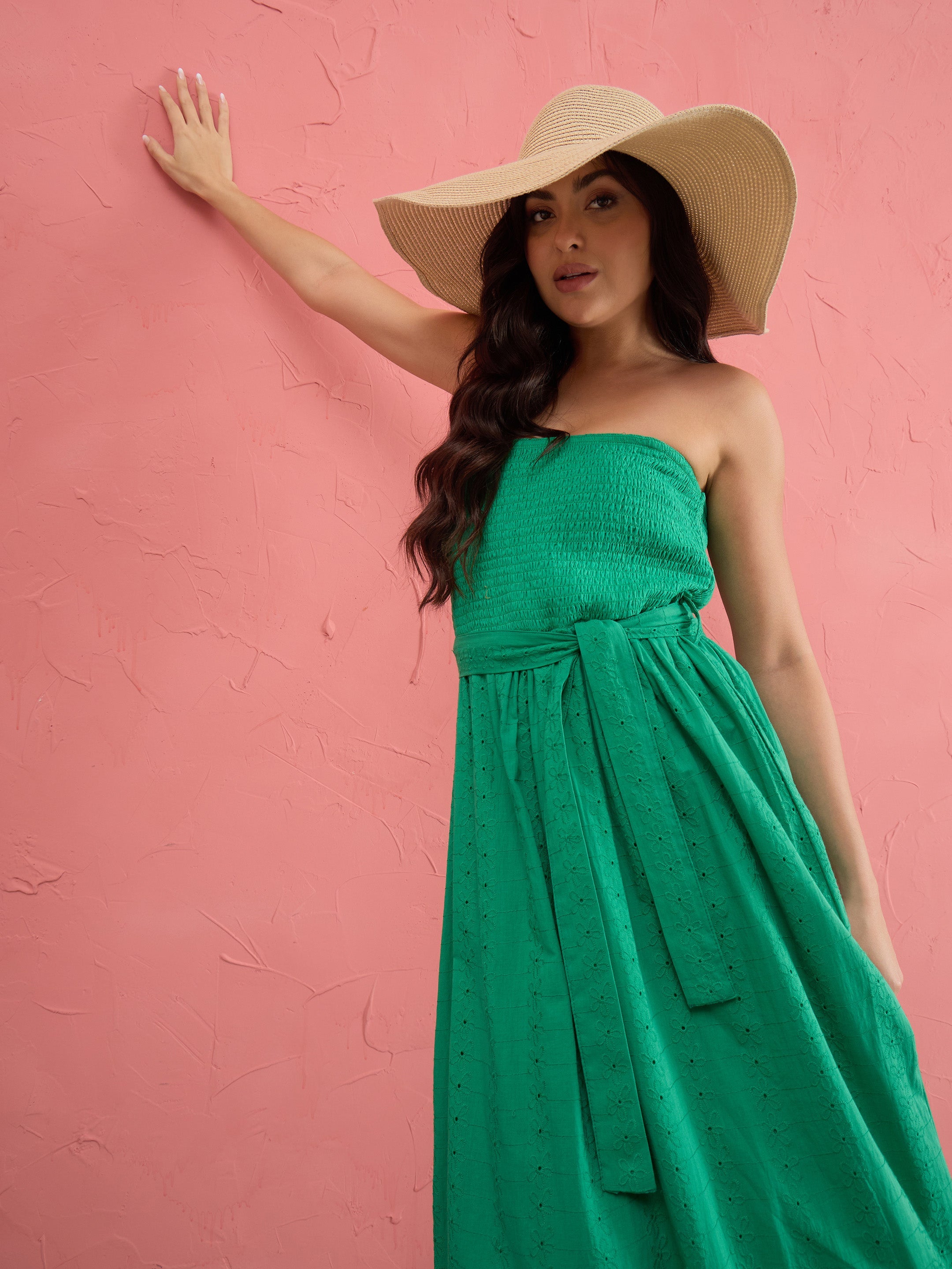 Women Green Schiffli Smocking Detail Midi Dress