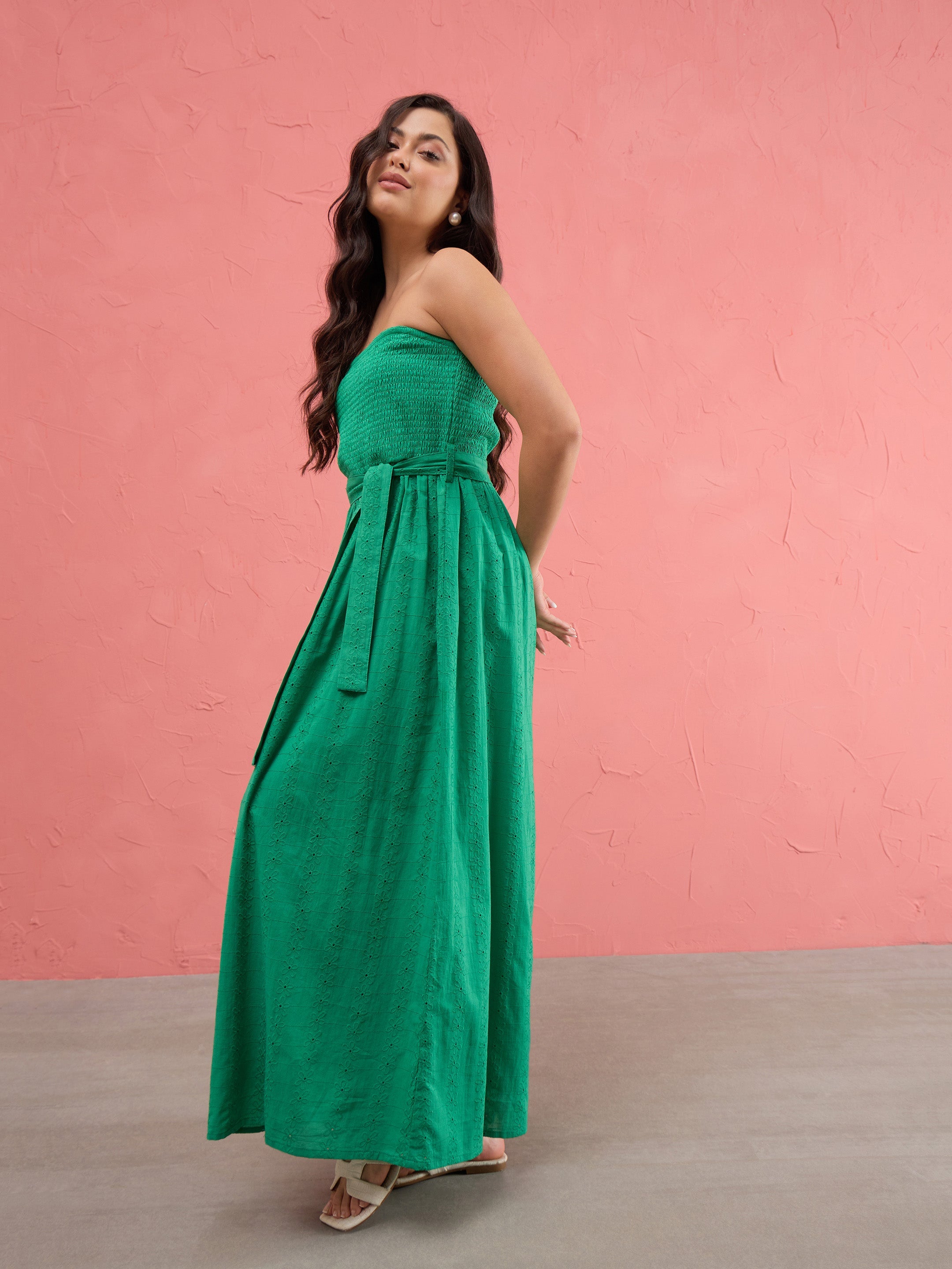 Women Green Schiffli Smocking Detail Midi Dress