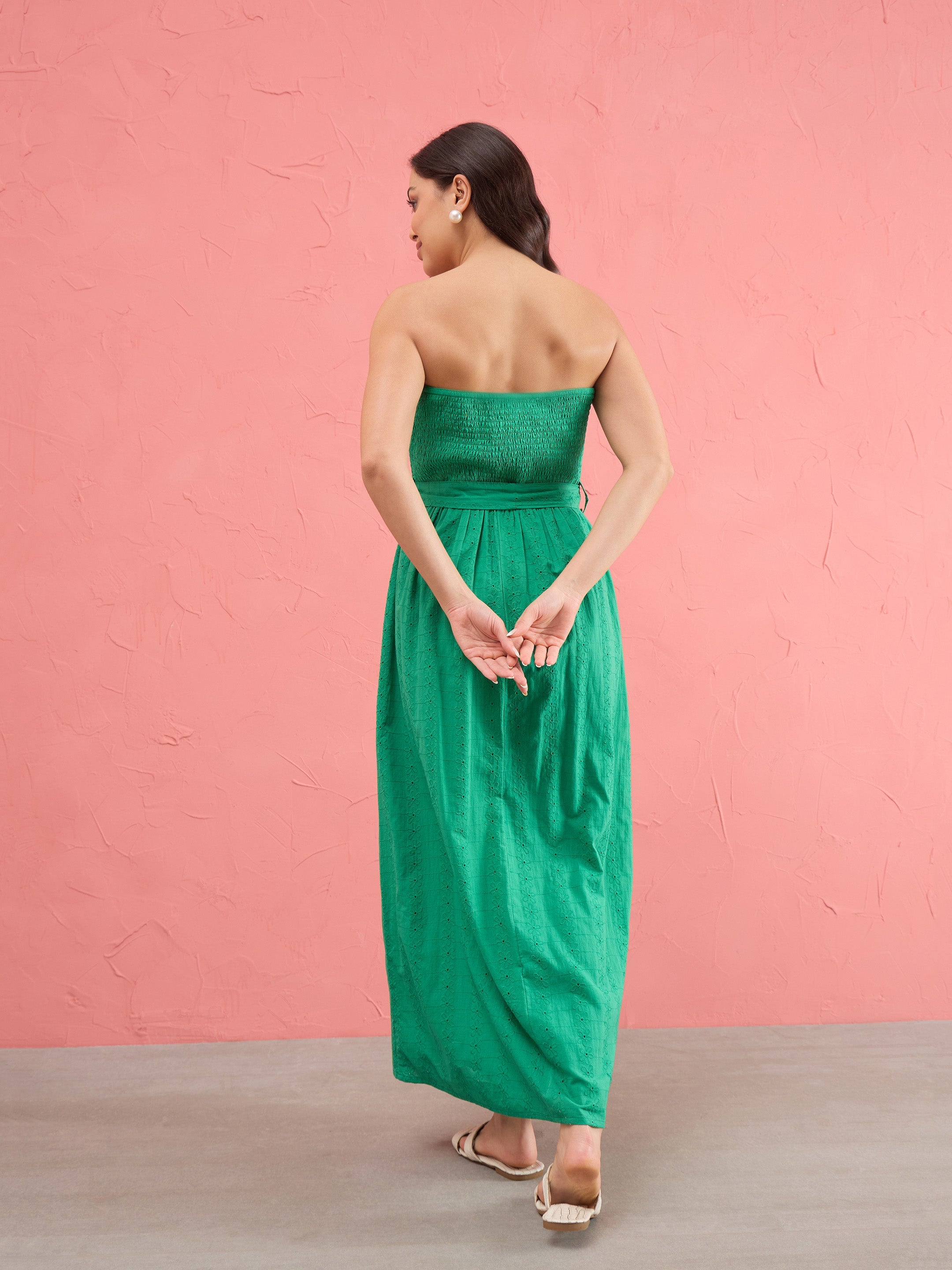 Women Green Schiffli Smocking Detail Midi Dress