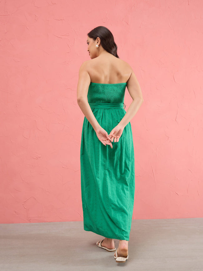 Women Green Schiffli Smocking Detail Midi Dress  FYVA