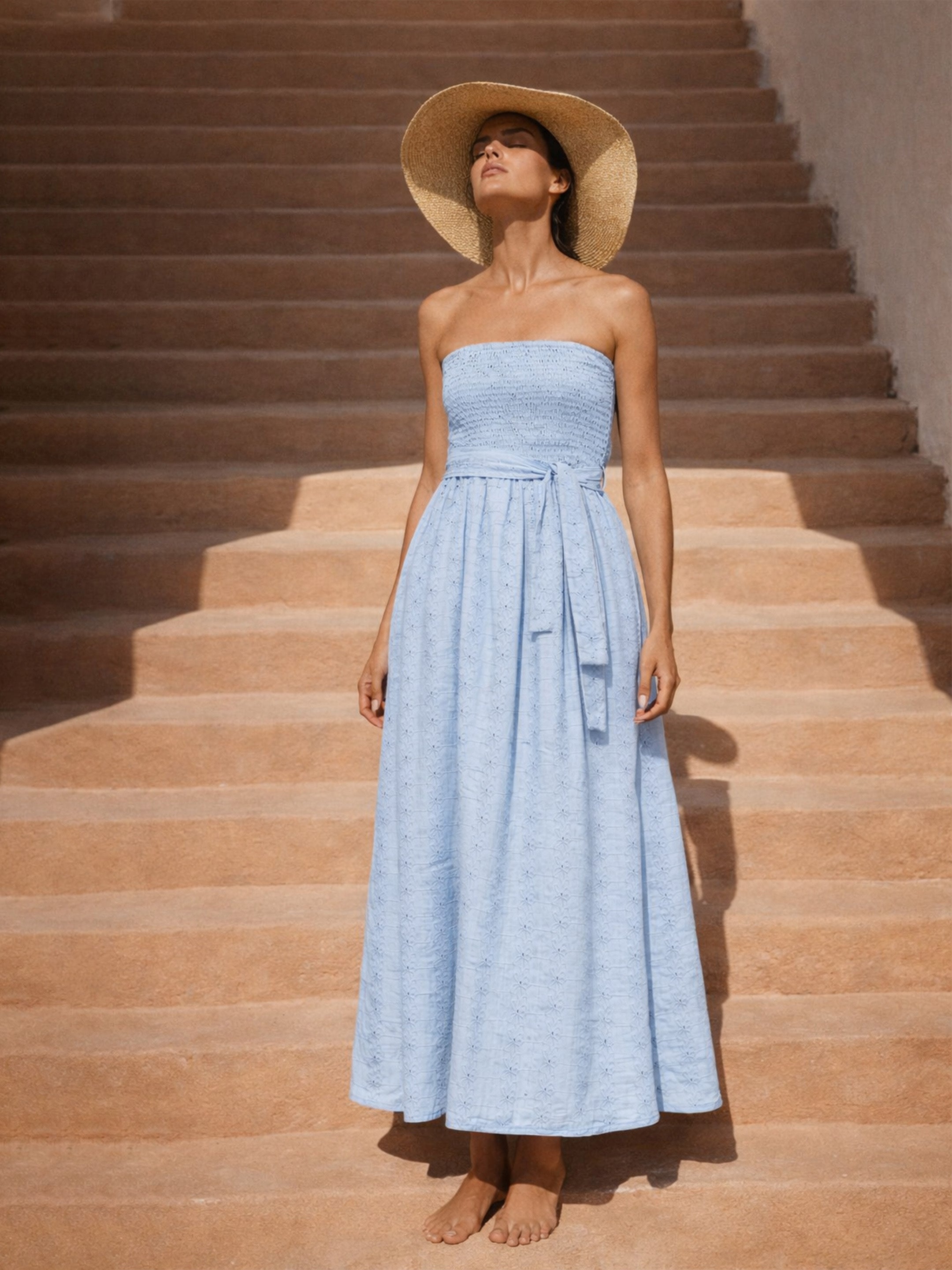 Women Blue Schiffli Smocking Detail Midi Dress
