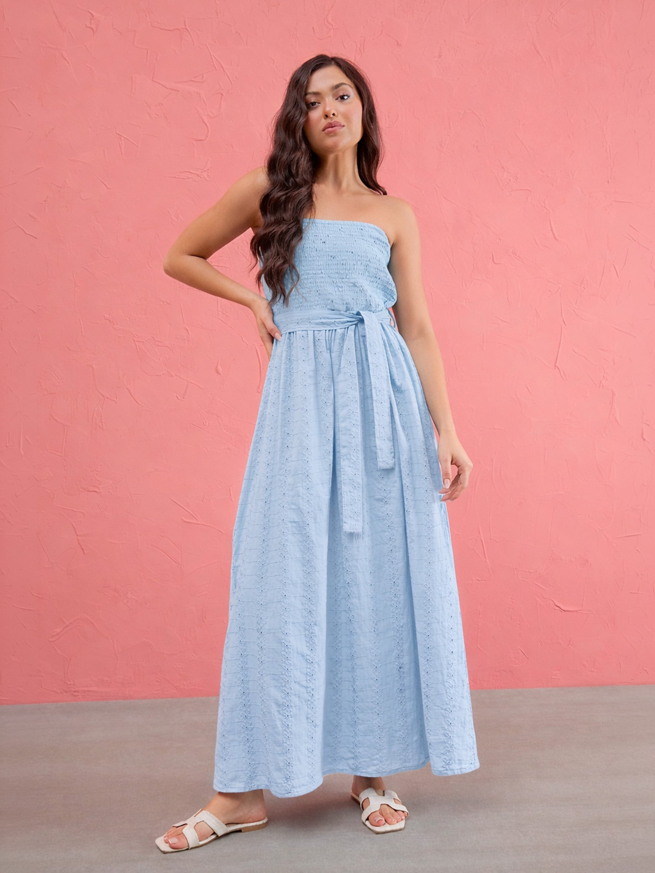 Women Blue Schiffli Smocking Detail Midi Dress