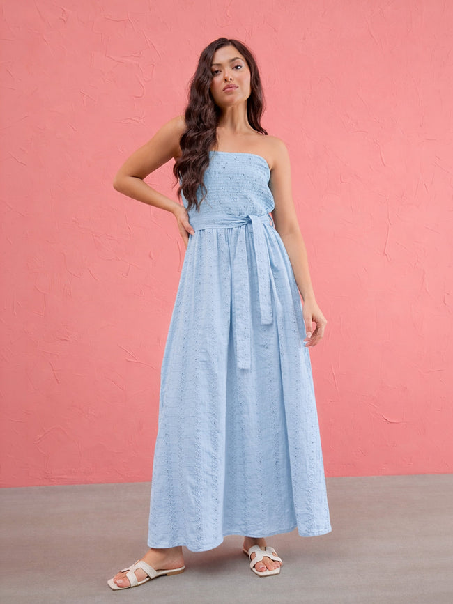 Women Blue Schiffli Smocking Detail Midi Dress