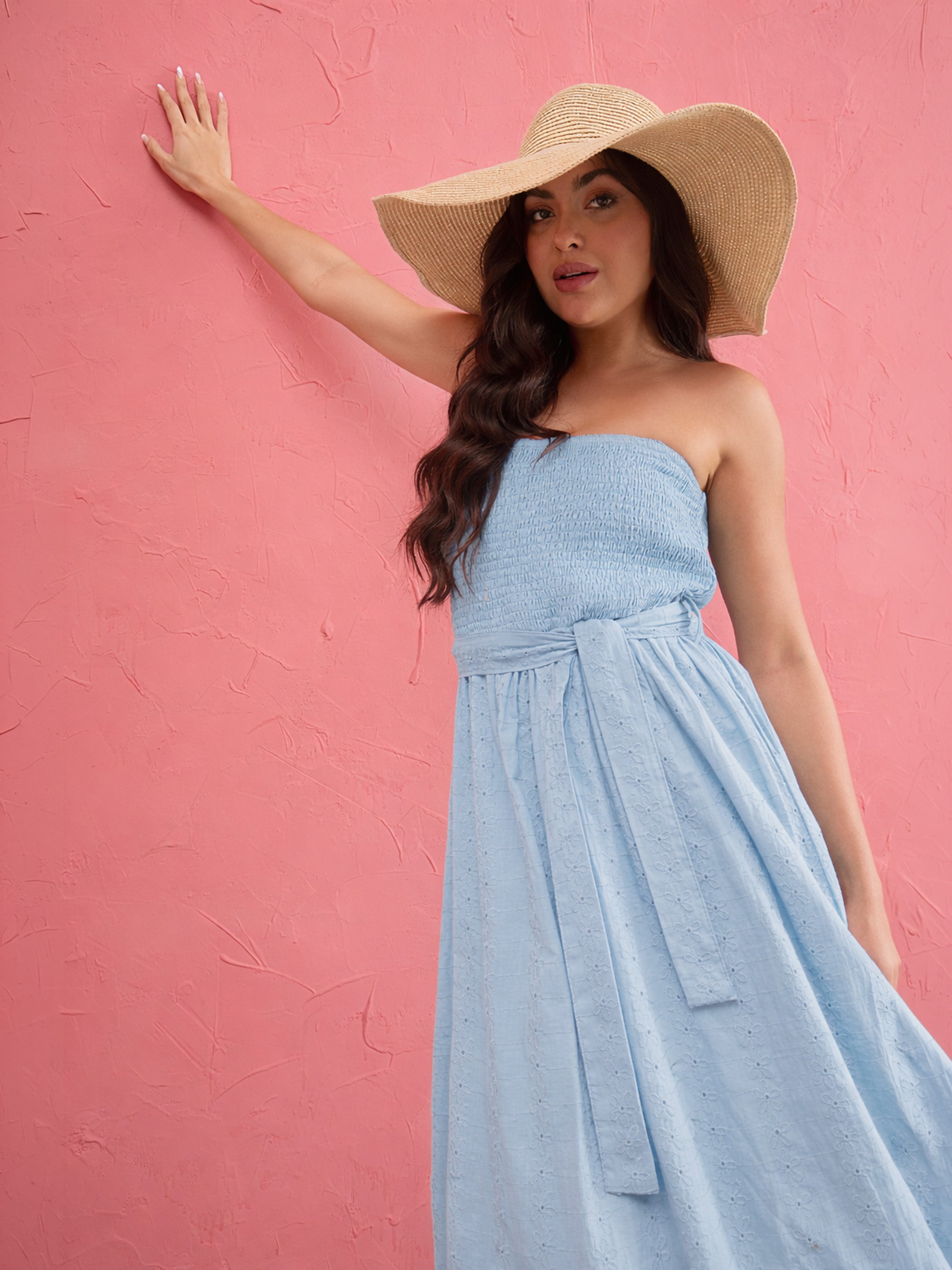 Women Blue Schiffli Smocking Detail Midi Dress