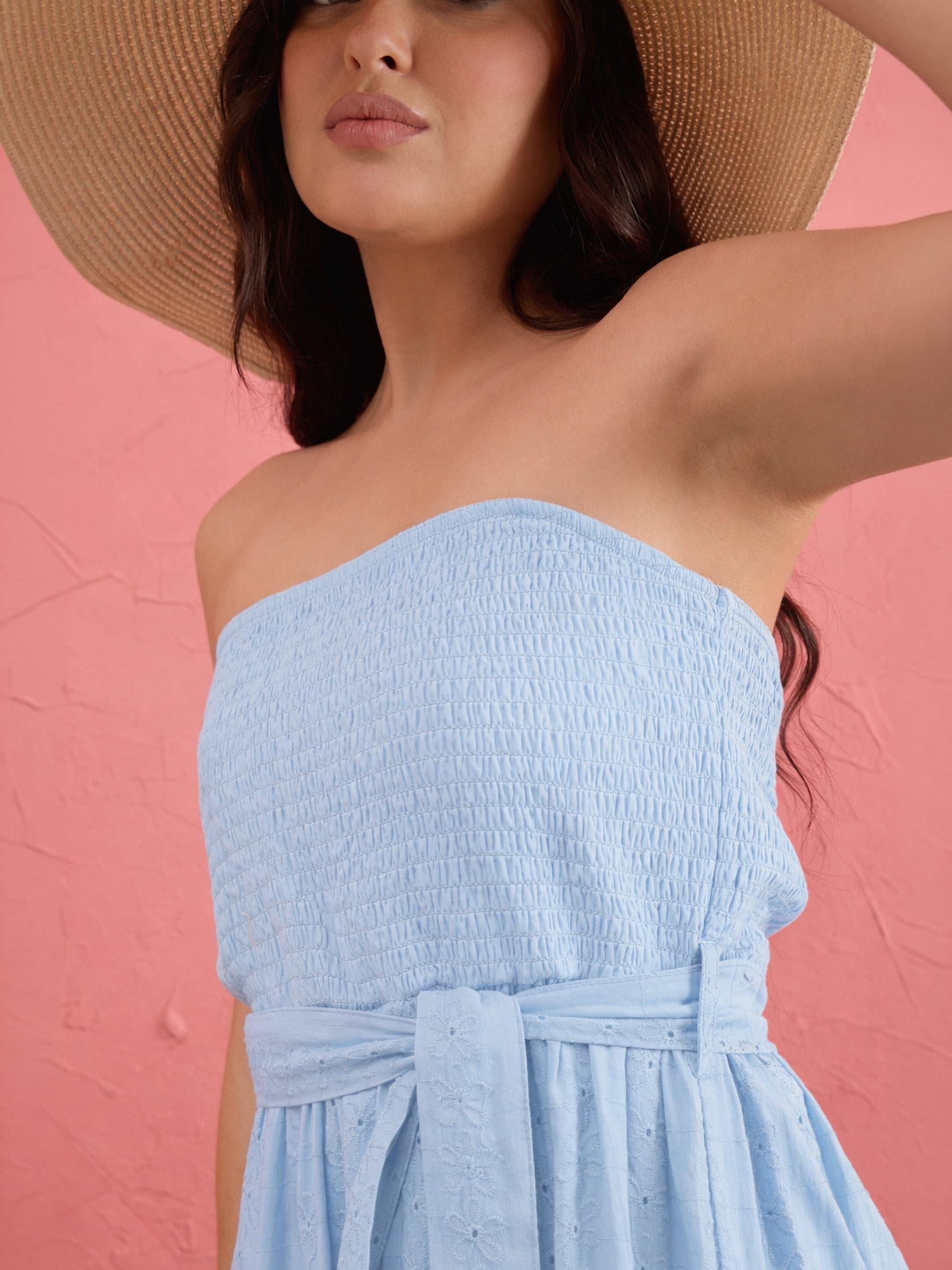 Women Blue Schiffli Smocking Detail Midi Dress