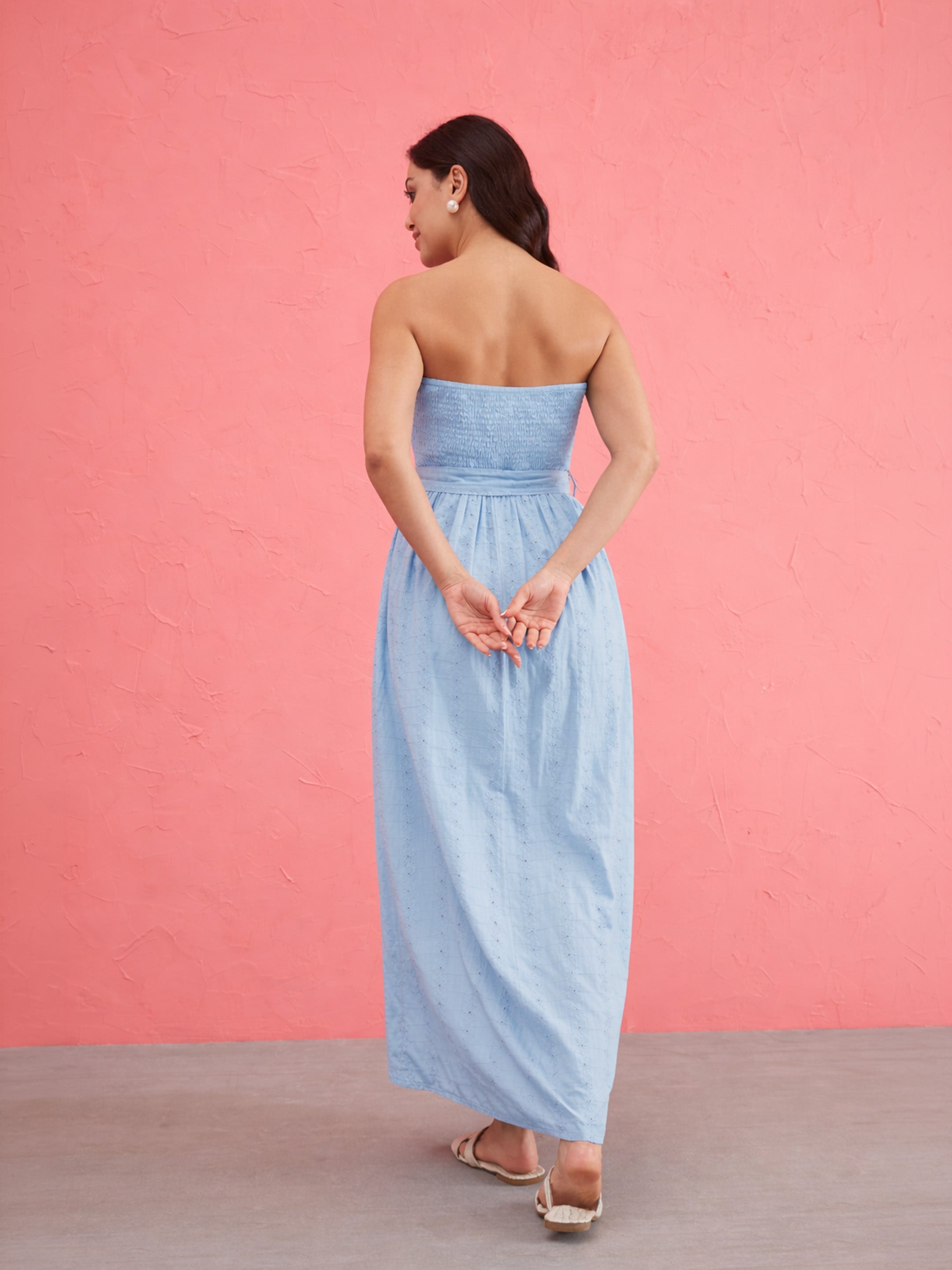 Women Blue Schiffli Smocking Detail Midi Dress