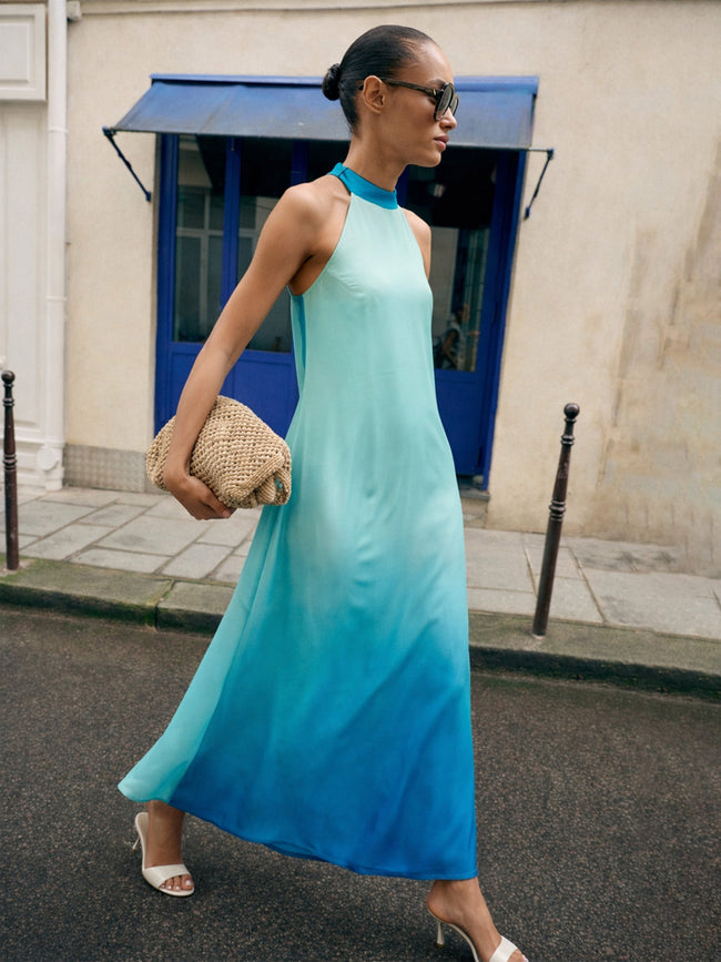 Women Sea Green Ombree Halter Neck Maxi Dress