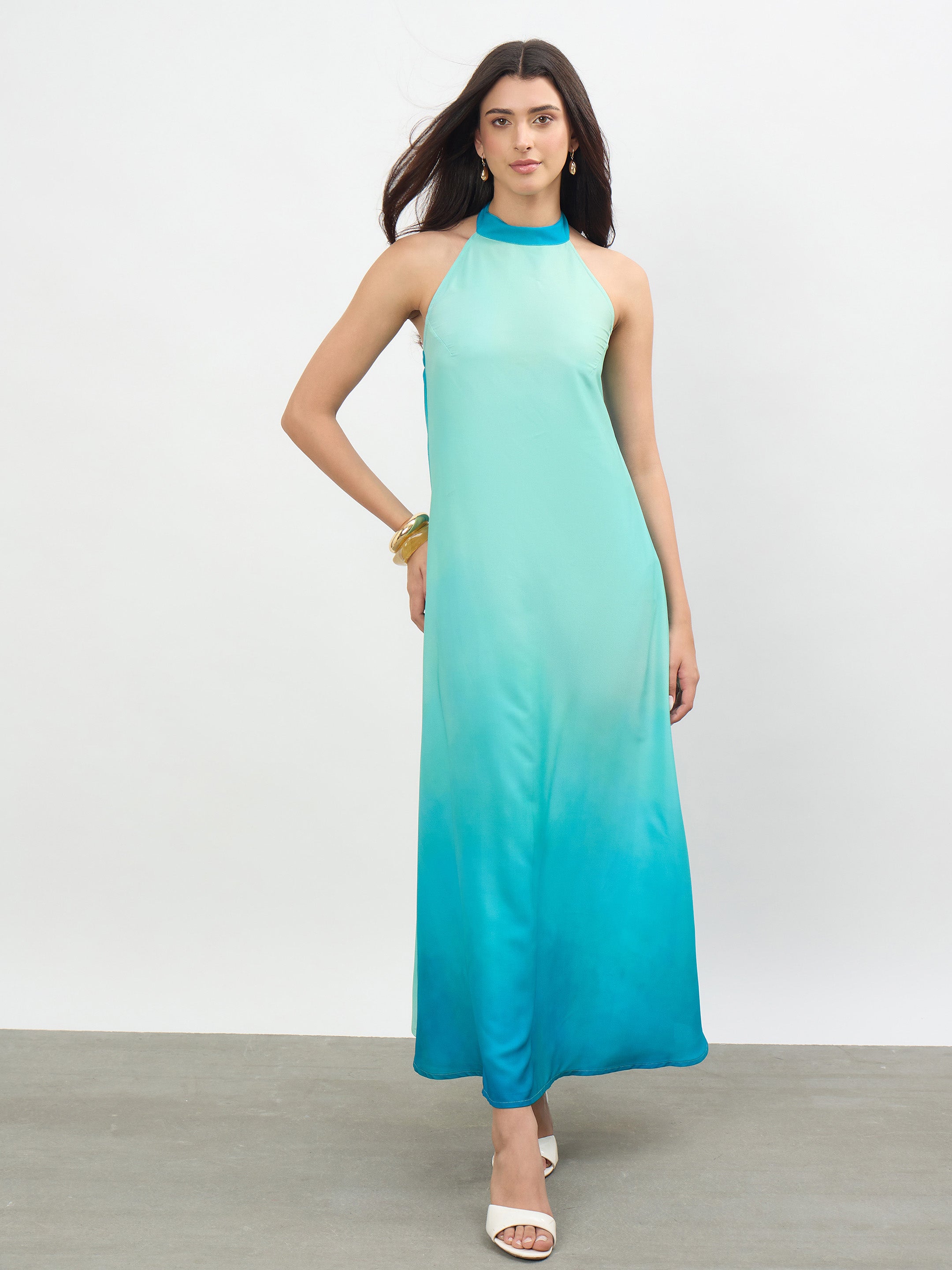 Women Sea Green Ombree Halter Neck Maxi Dress