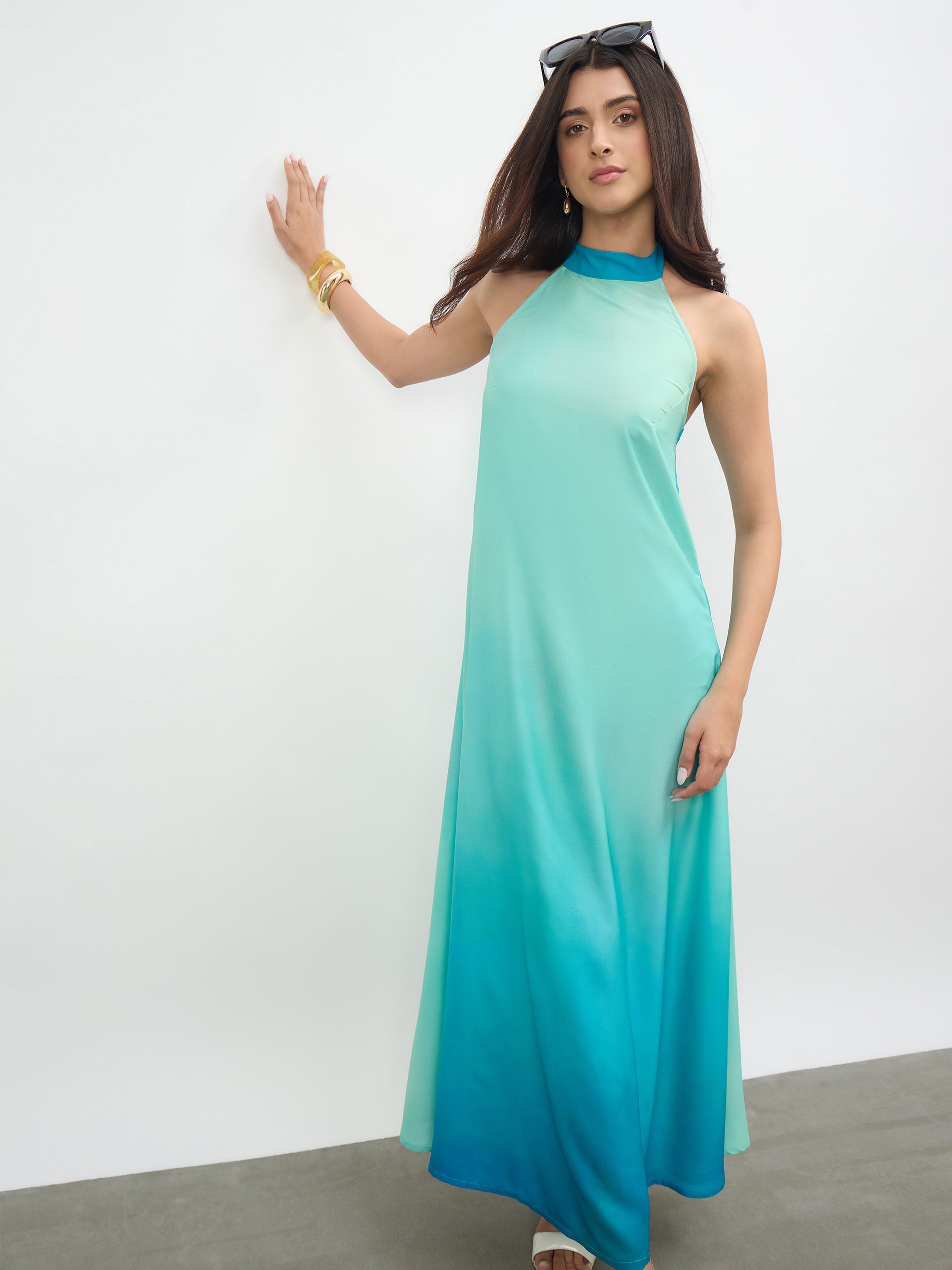 Women Sea Green Ombree Halter Neck Maxi Dress