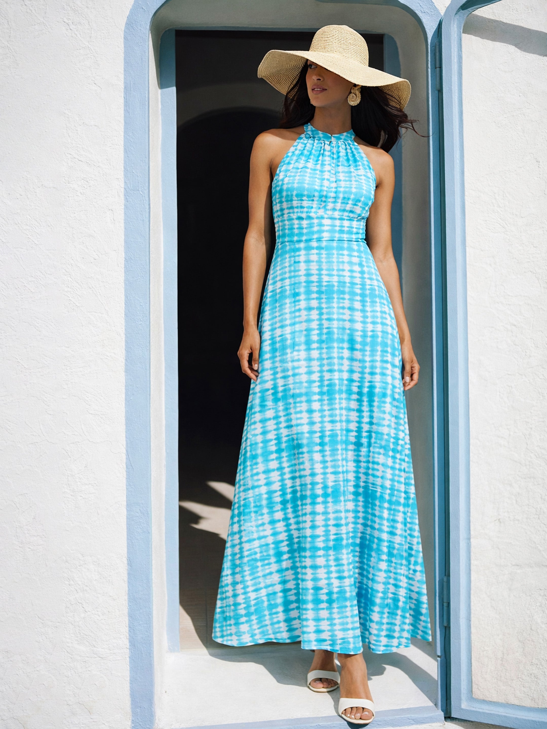 Women Blue Tie & Dye Halter Neck Maxi Dress