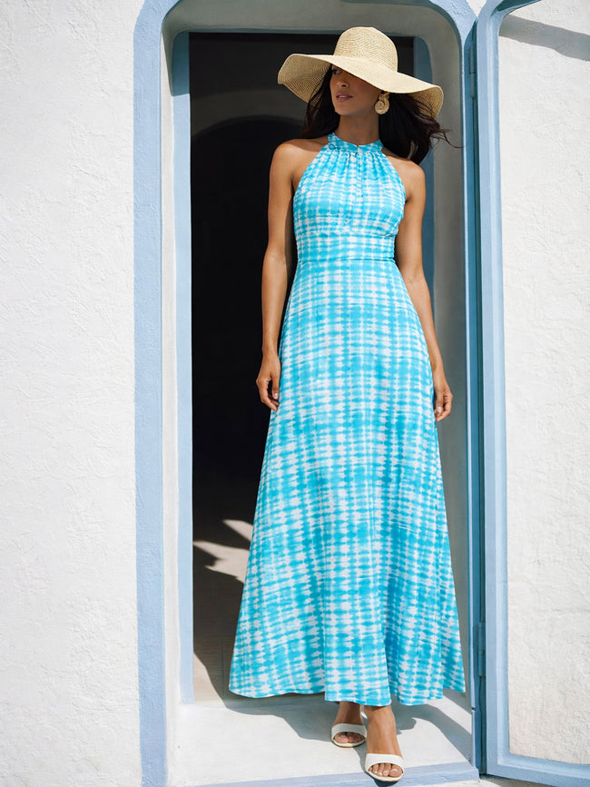 Women Blue Tie & Dye Halter Neck Maxi Dress