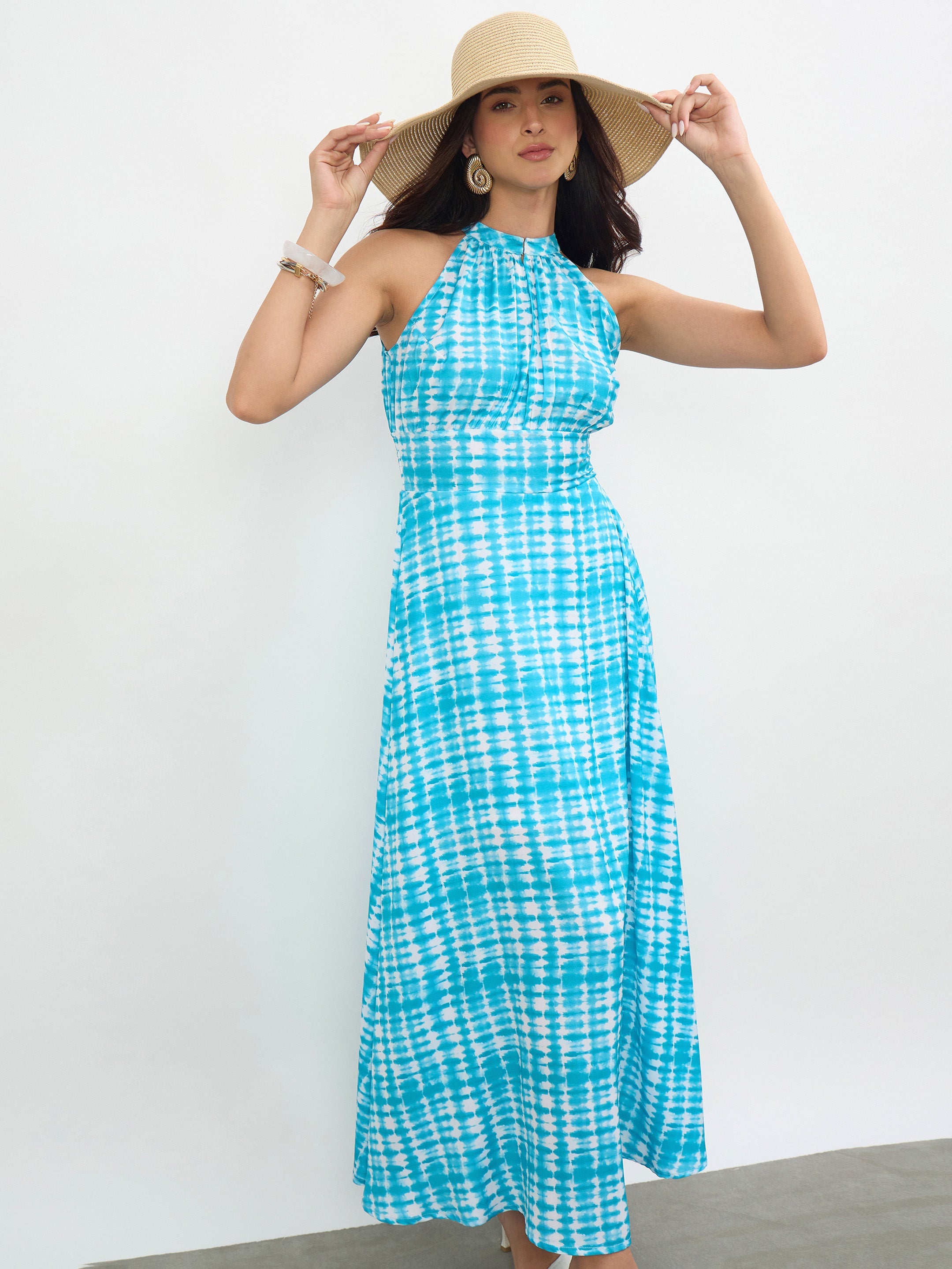 Women Blue Tie & Dye Halter Neck Maxi Dress