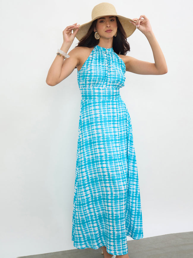 Women Blue Tie & Dye Halter Neck Maxi Dress