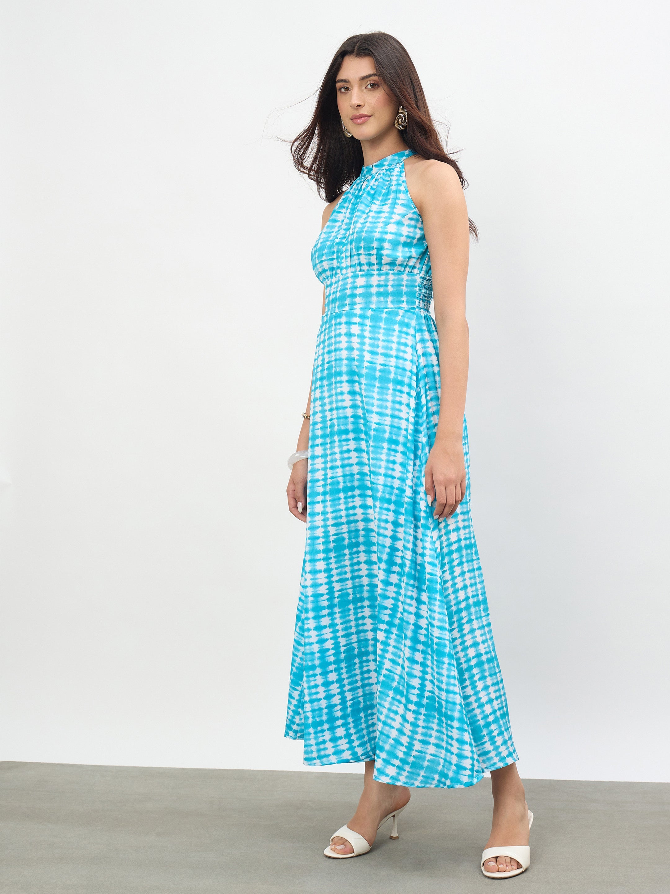 Women Blue Tie & Dye Halter Neck Maxi Dress
