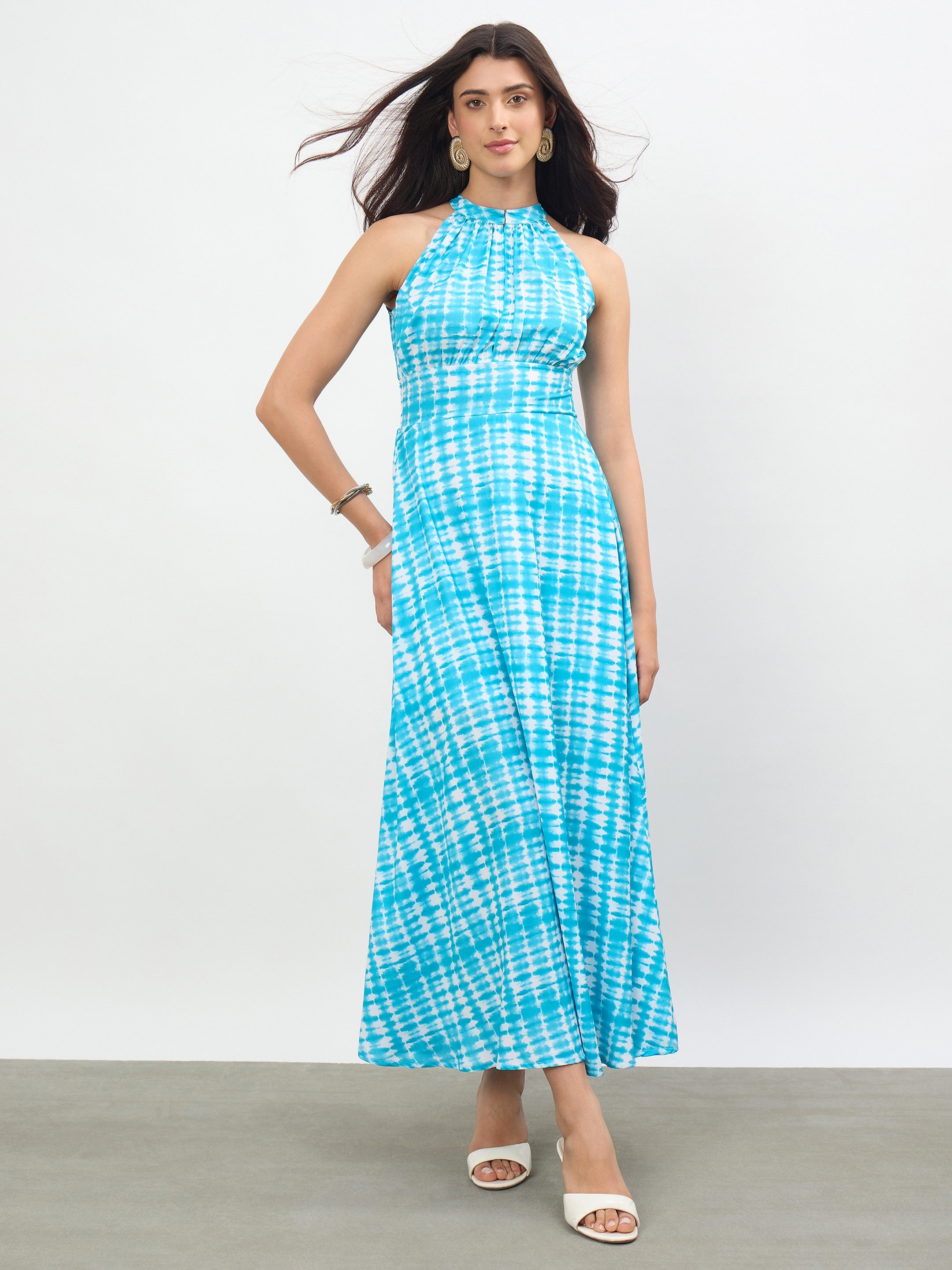Women Blue Tie & Dye Halter Neck Maxi Dress