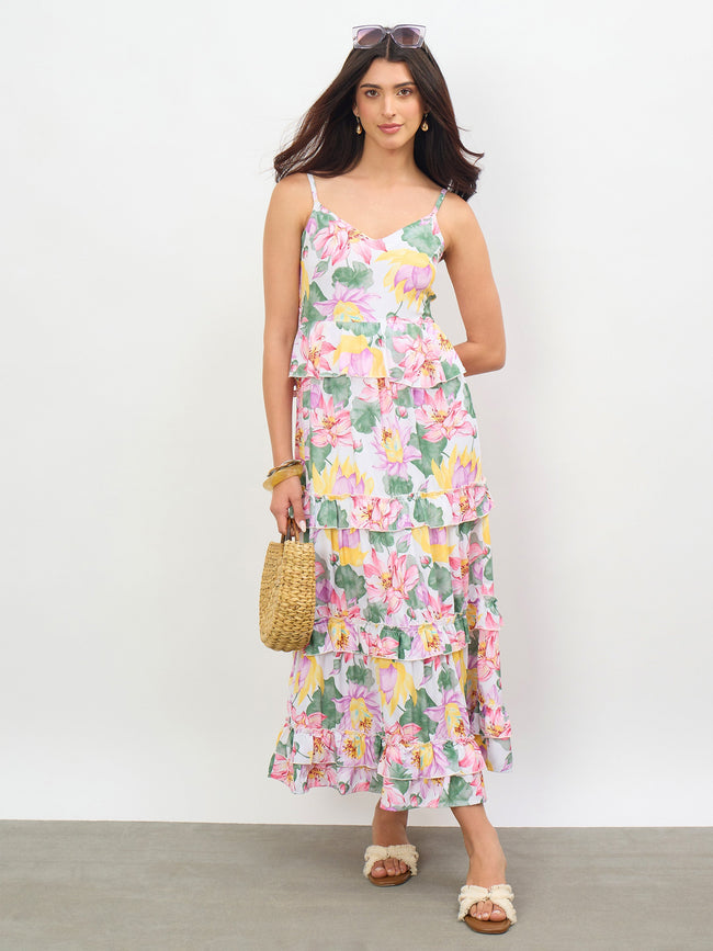 Women White Multi Floral Strappy Tiered Midi Dress