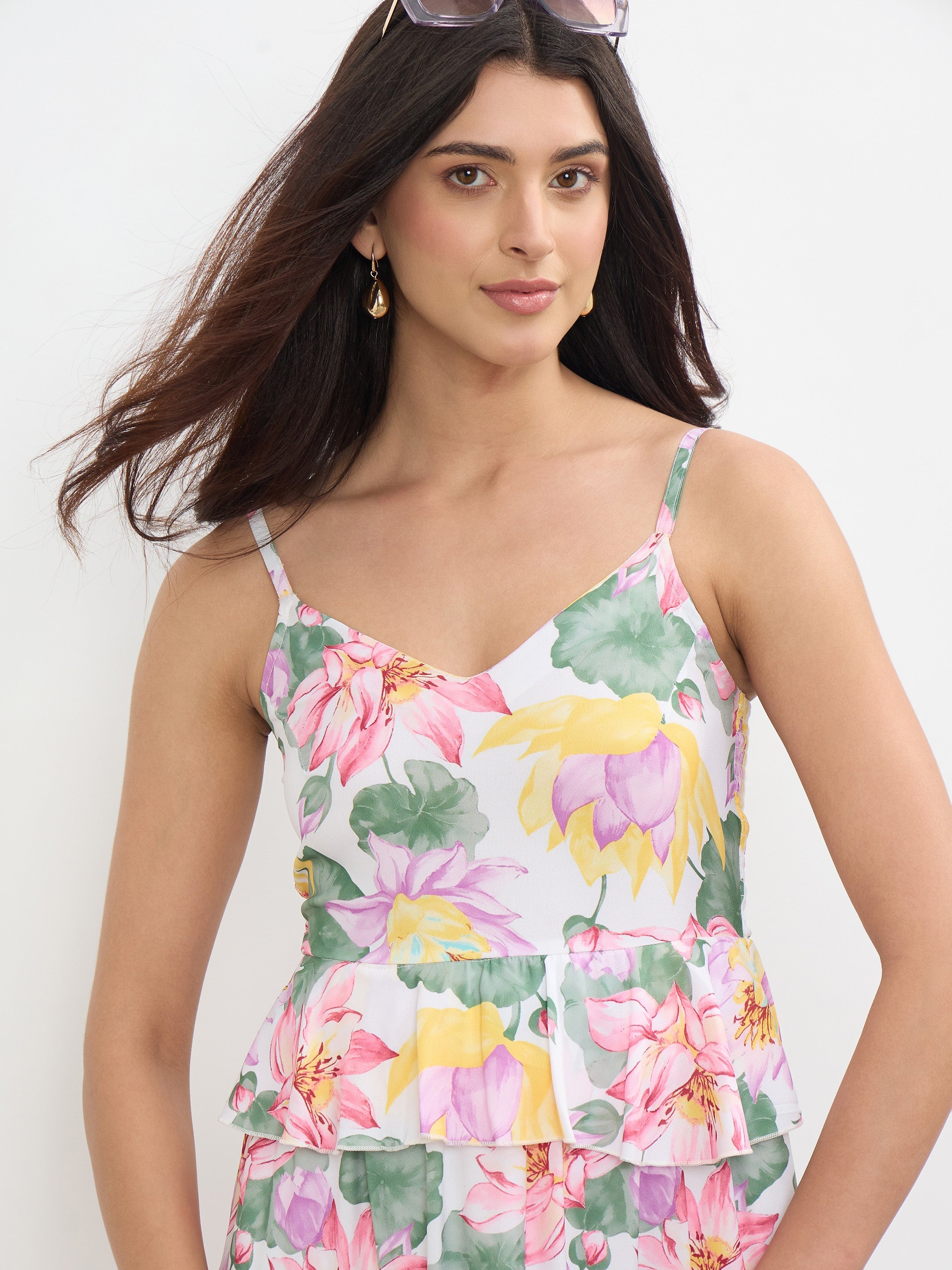 Women White Multi Floral Strappy Tiered Midi Dress