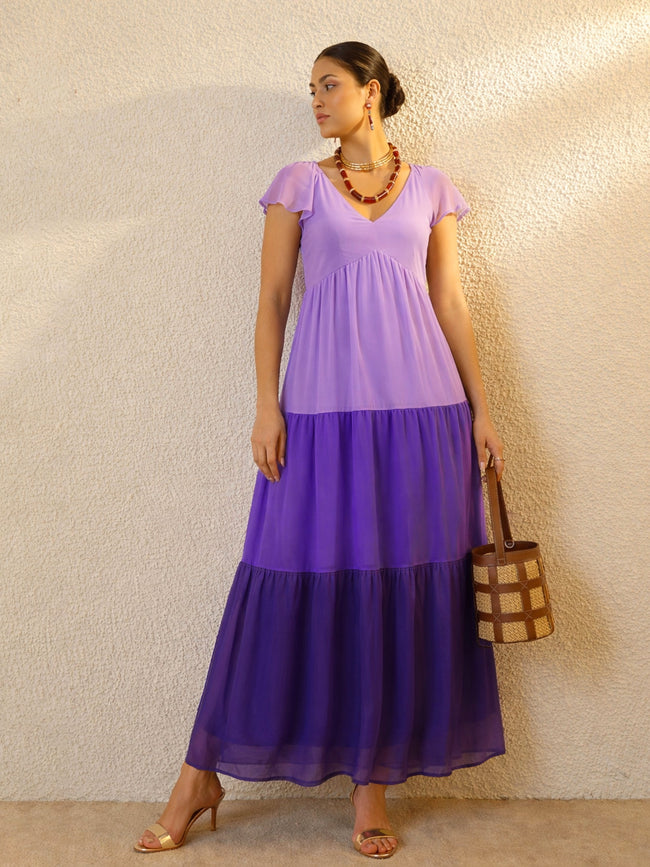 Women Purple Colour Blocked Frill Sleeves Tiered Maxi Dress