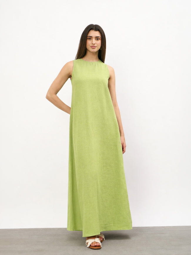 Women Green Solid Sleeveless A-Line Maxi Dress