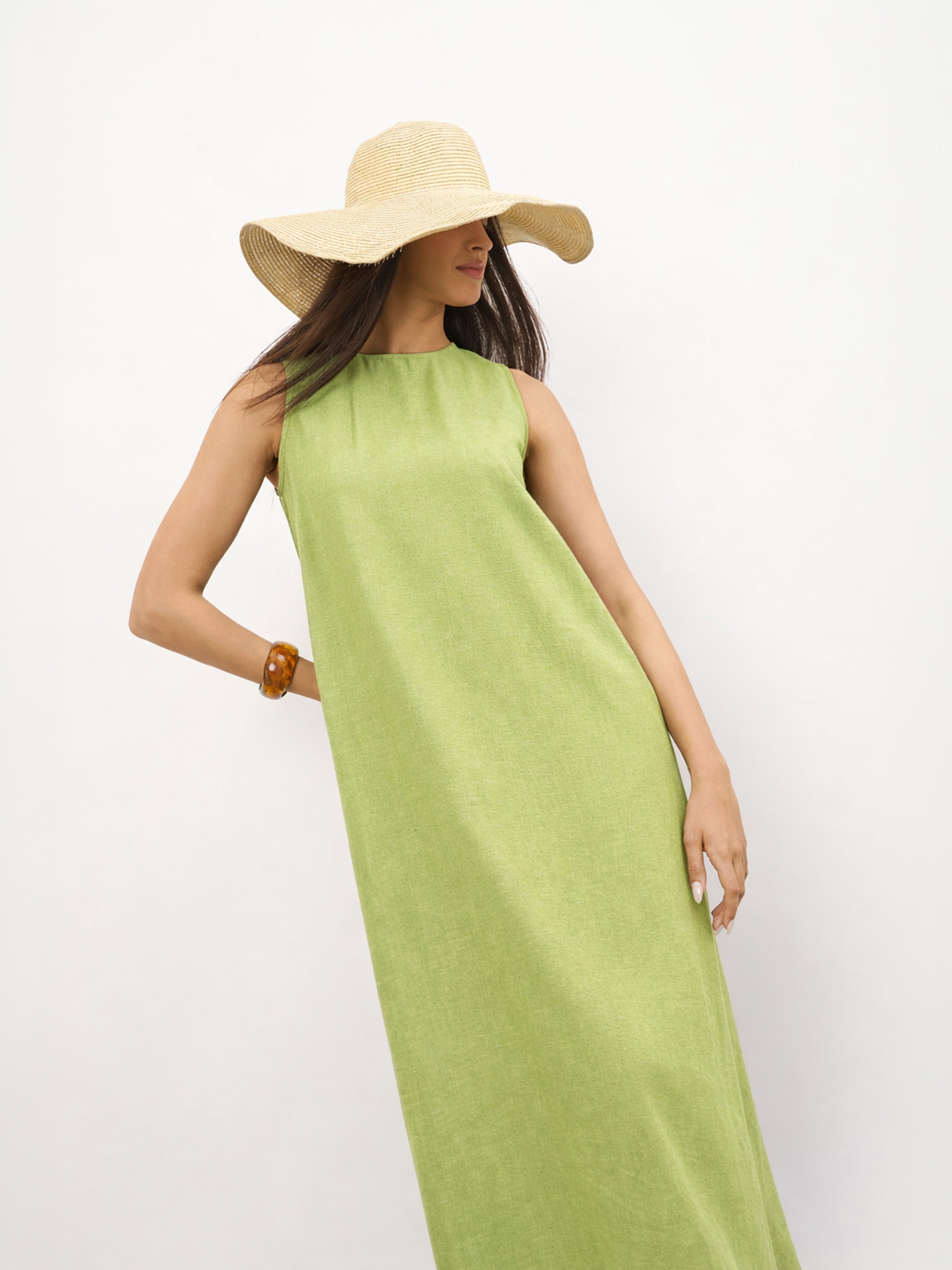 Women Green Solid Sleeveless A-Line Maxi Dress