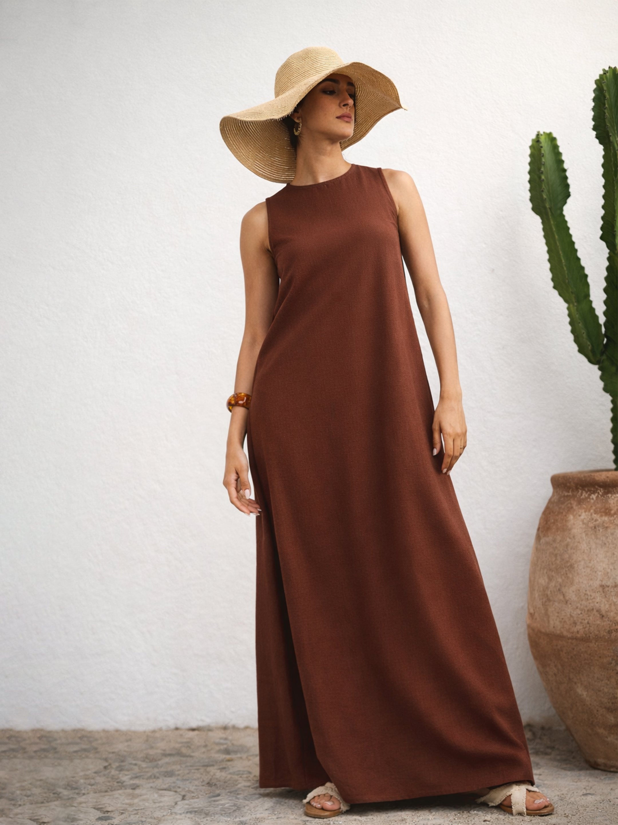 Women Brown Solid Sleeveless A-Line Maxi Dress