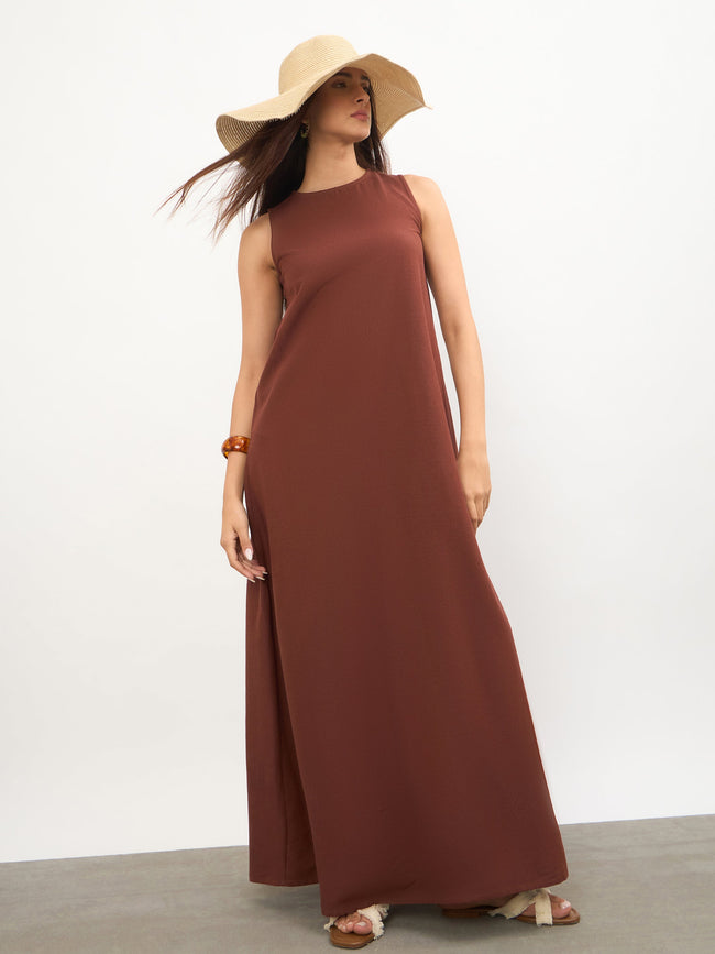 Women Brown Solid Sleeveless A-Line Maxi Dress